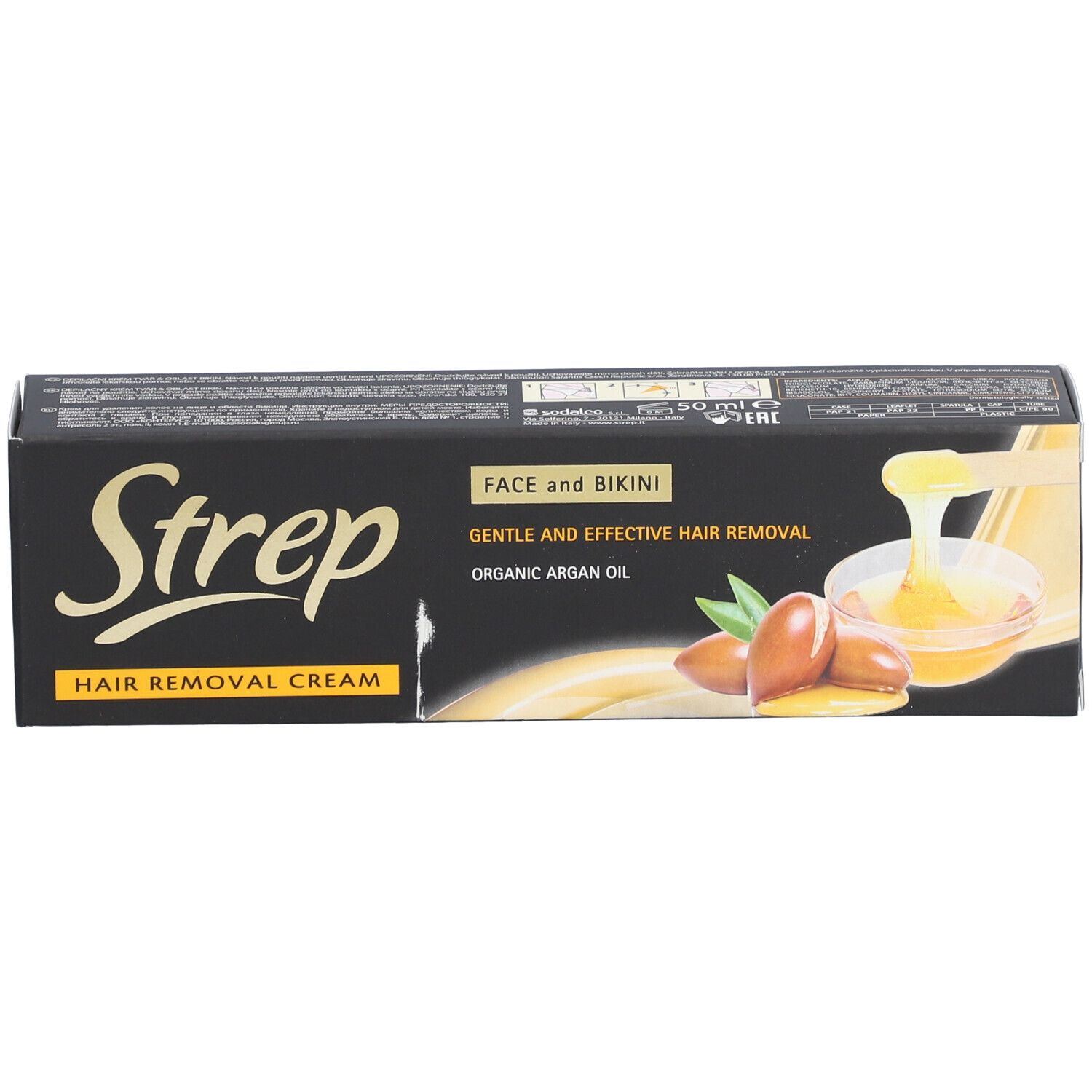 Boîte de crème dépilatoire. Boîte noire avec logo STREP et informations sur le produit. Contient de l'huile d'argan.