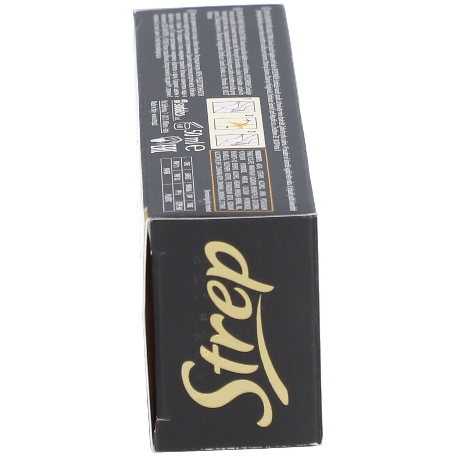 Côté de la boîte de crème dépilatoire. Boîte noire avec logo STREP et informations sur le produit.