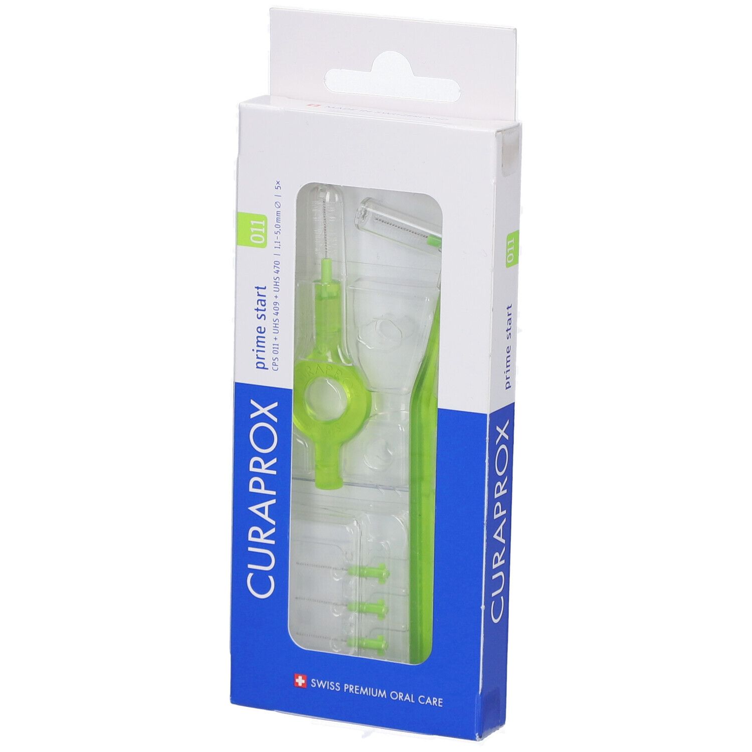 Verpackung mit Interdentalbürsten. Grün und weiß. Marke Curaprox, Prime Start 011.
