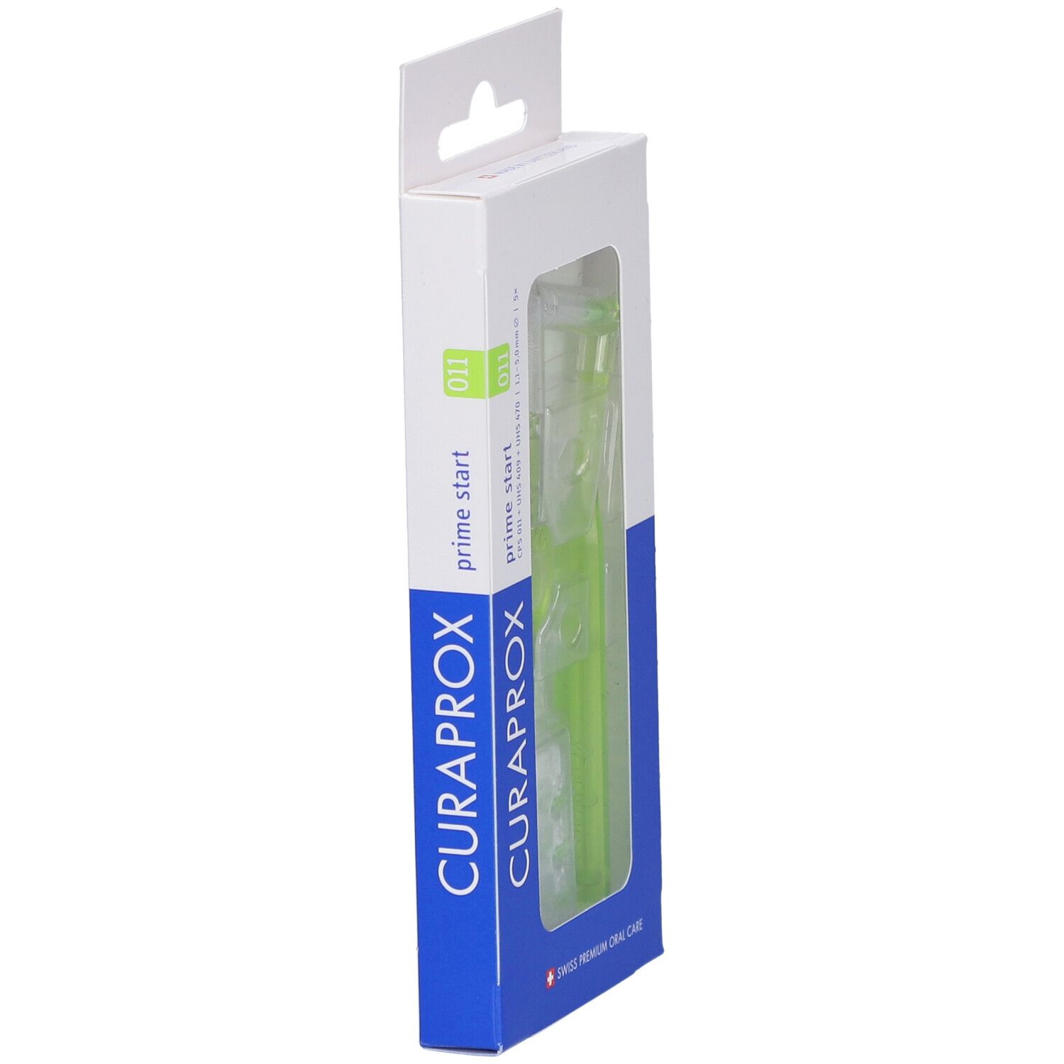 Verpackung, Seitenansicht. Interdentalbürsten in Grün. Marke Curaprox, Prime Start 011.