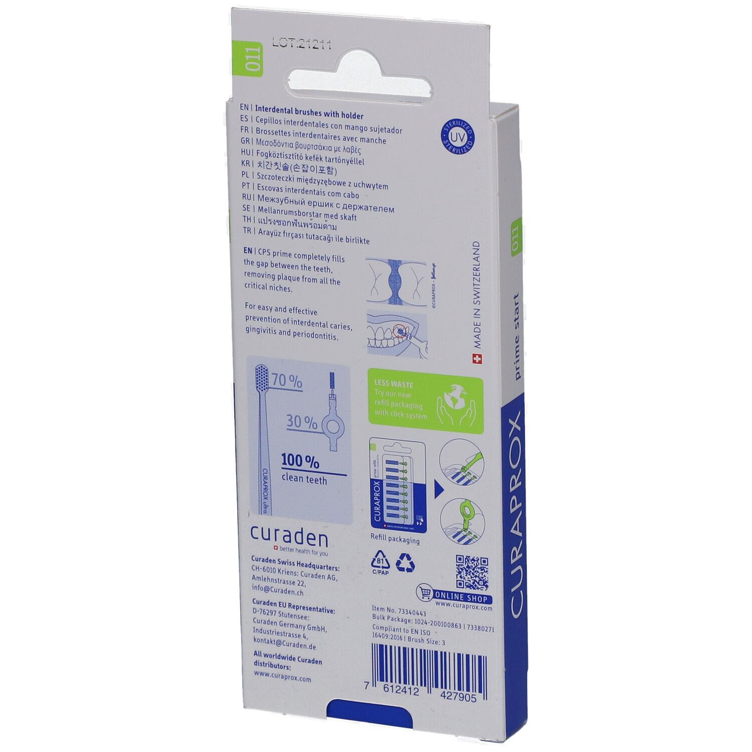 Rückseite der Verpackung. Text in mehreren Sprachen. Marke Curaprox, Prime Start 011.