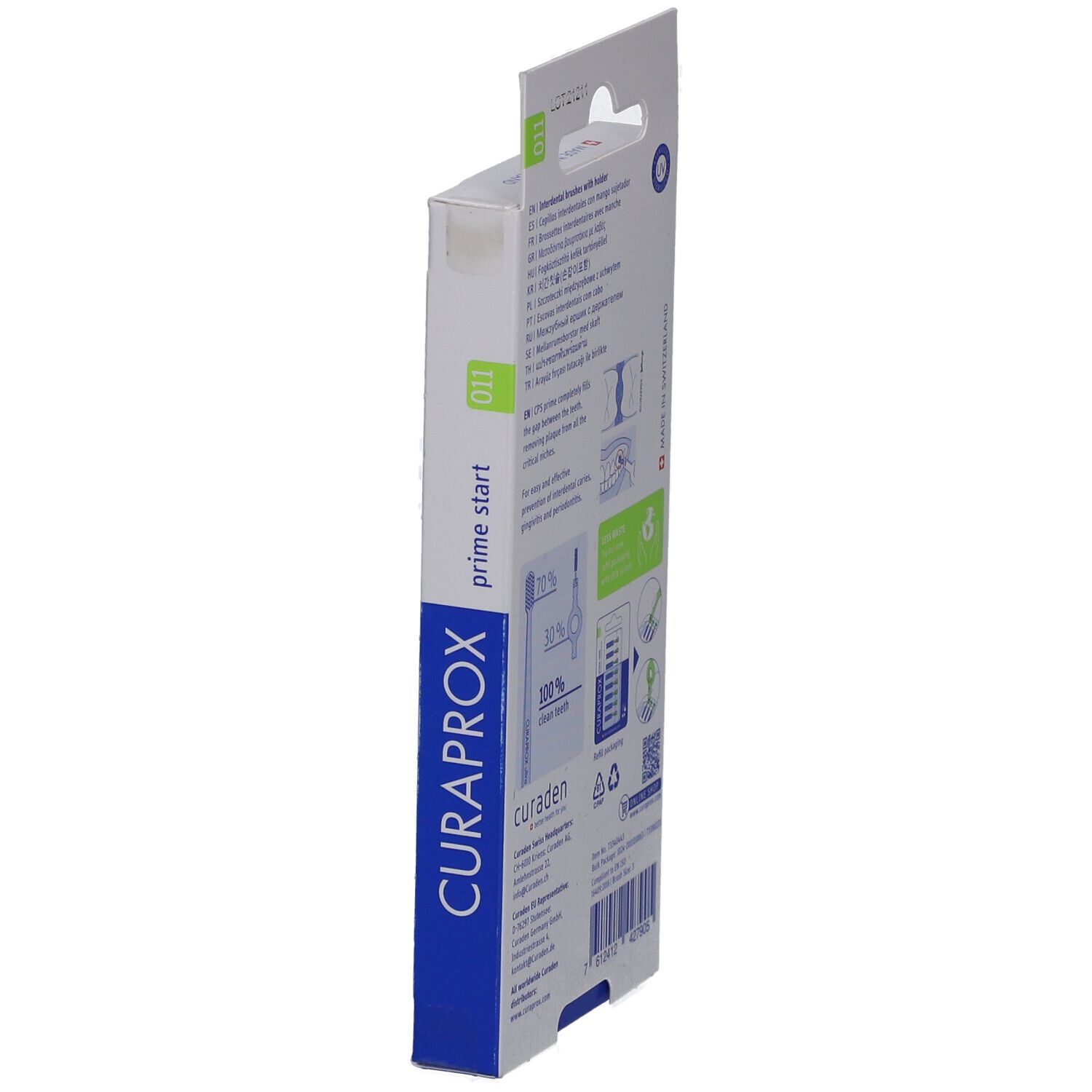 Seitenansicht der Verpackung. Text und Illustrationen. Marke Curaprox, Prime Start 011.
