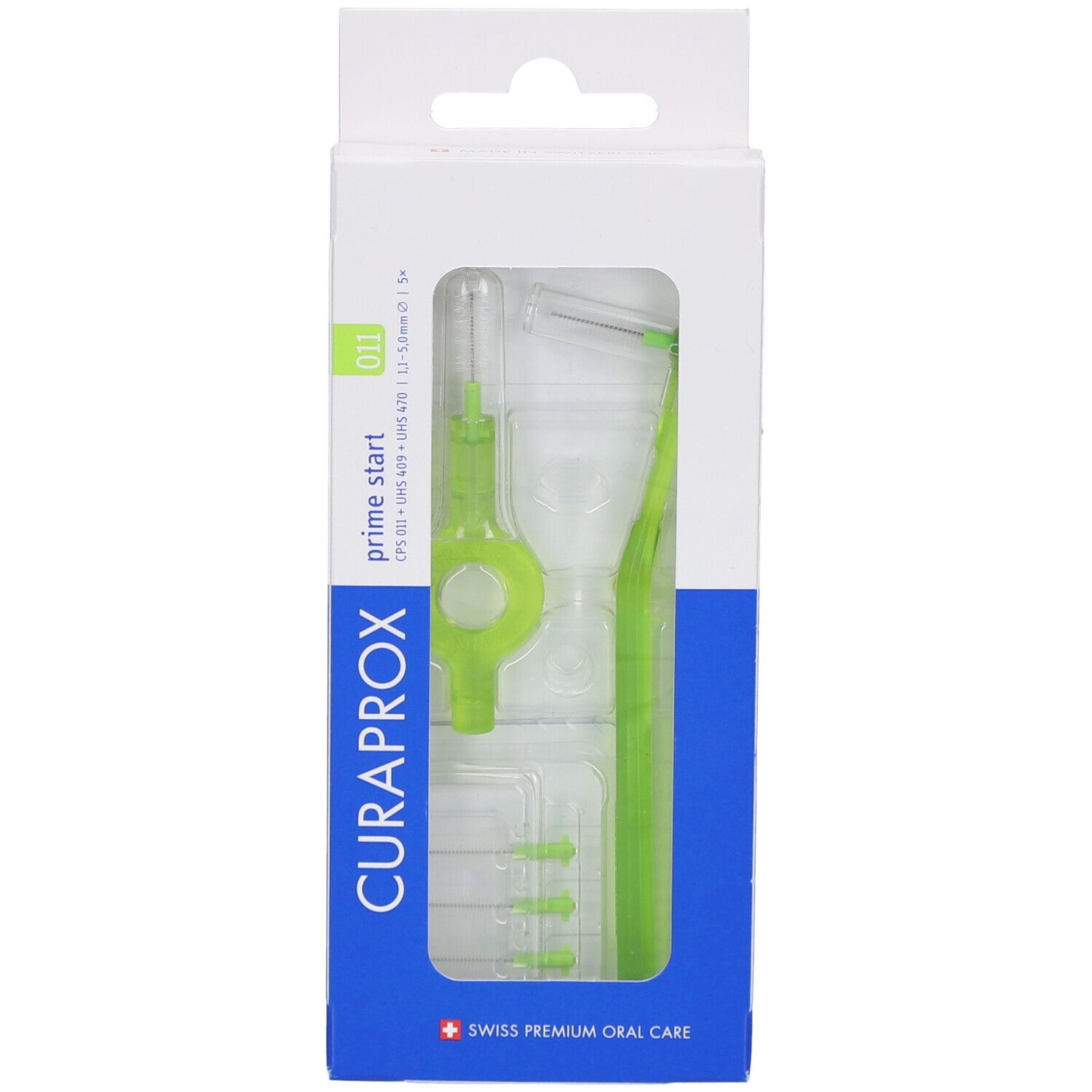 Verpackung mit Interdentalbürsten. Grün und weiß. Marke Curaprox, Prime Start 011.