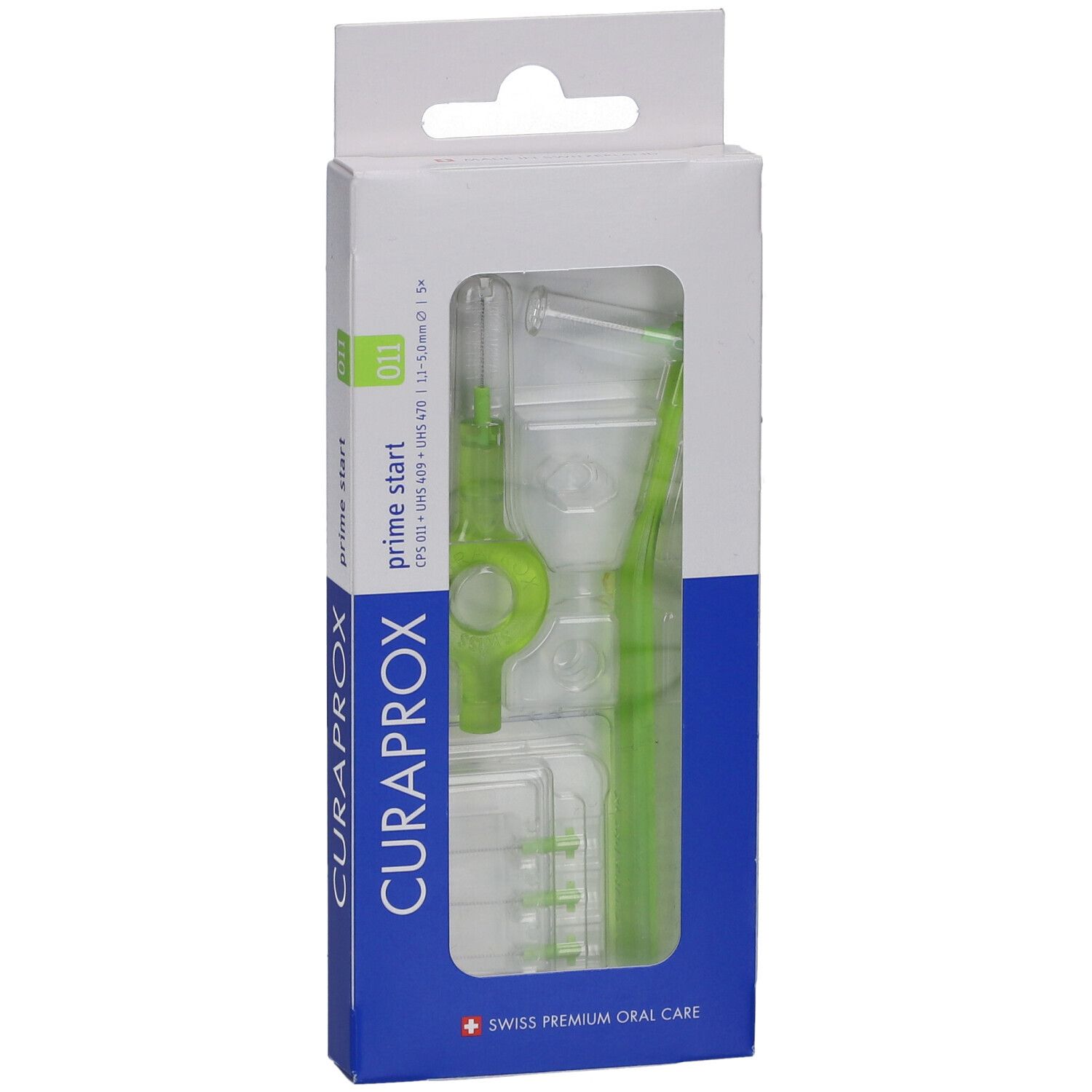 Verpackung mit Interdentalbürsten. Grün und weiß. Marke Curaprox, Prime Start 011.
