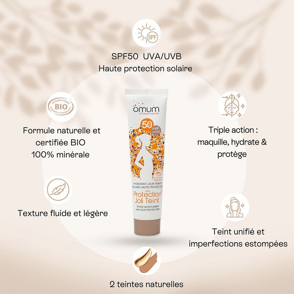Produit. Tube et emballage. Marque Omum. SPF 50. Certification bio. Couleur dorée.