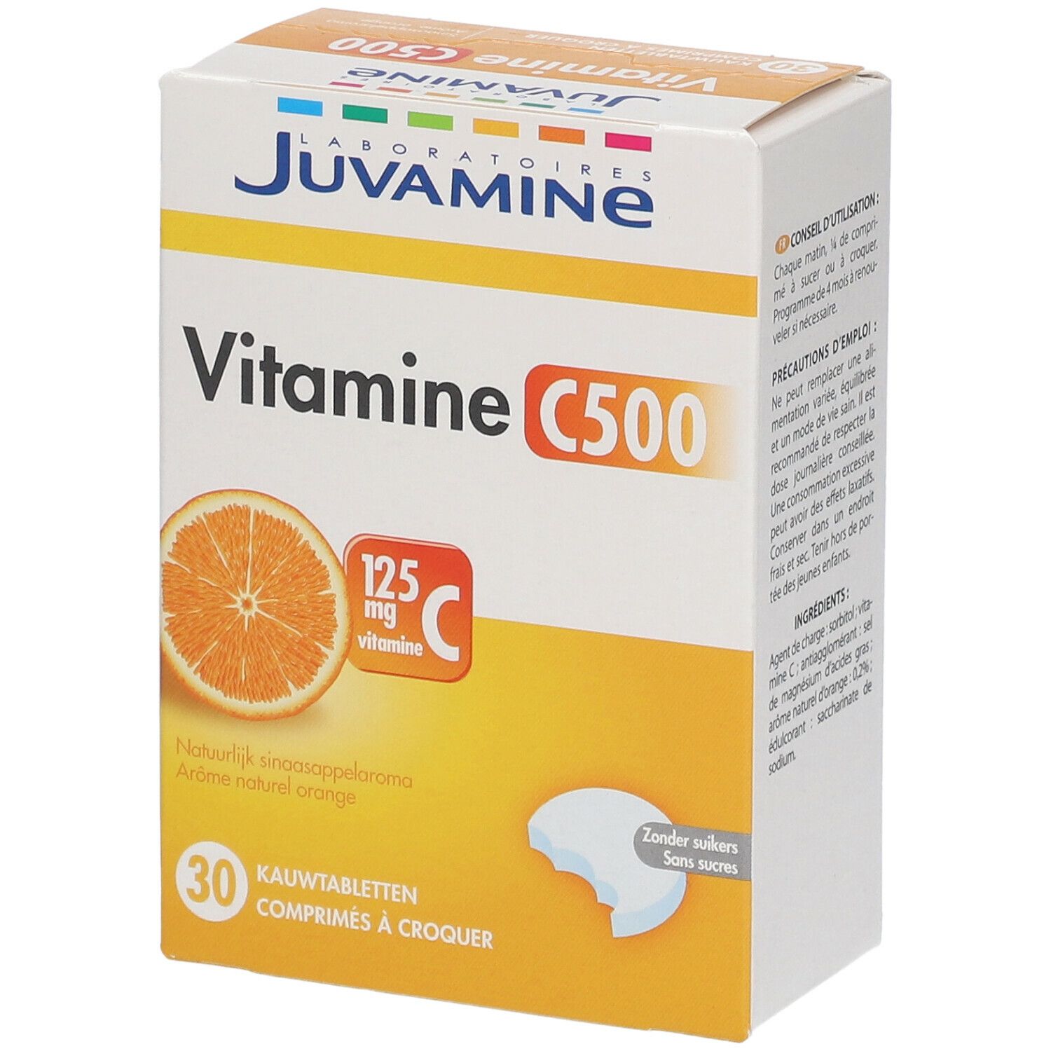Schachtel JUVAMINE Vitamine C500. Orange abgebildet. 30 Kautabletten. 125mg Vitamin C. Ohne Zucker.