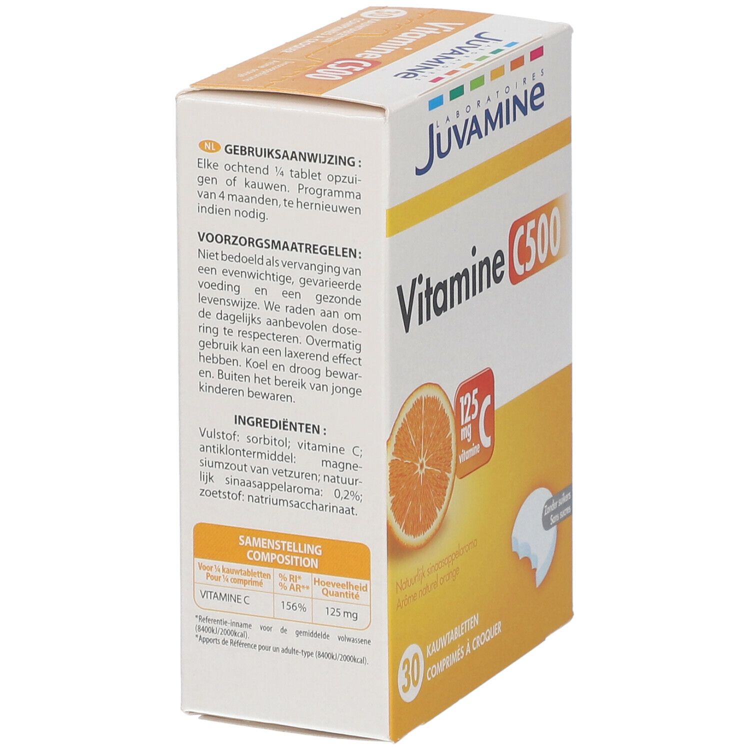 Schachtel JUVAMINE Vitamine C500. Orange und Tablette abgebildet. 30 Kautabletten. 125mg Vitamin C.