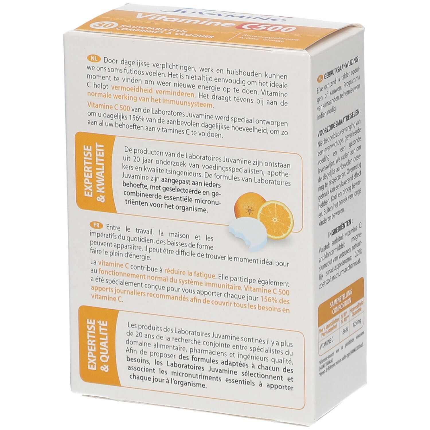 Rückseite der Schachtel JUVAMINE Vitamine C500. Text in Deutsch und Französisch. Orange und Tablette abgebildet.