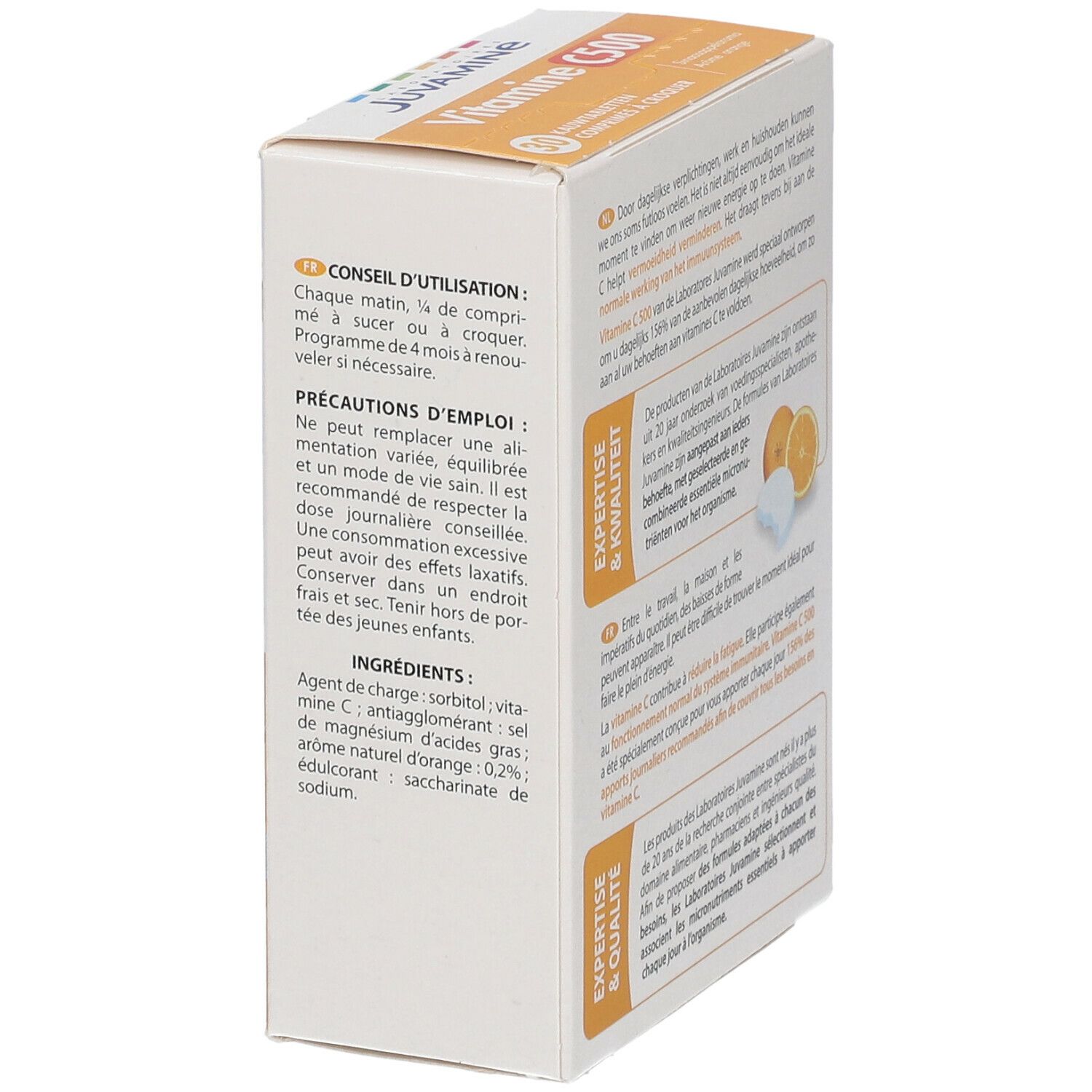 Seite der Schachtel JUVAMINE Vitamine C500. Text in Deutsch und Französisch. Orange und Tablette abgebildet.