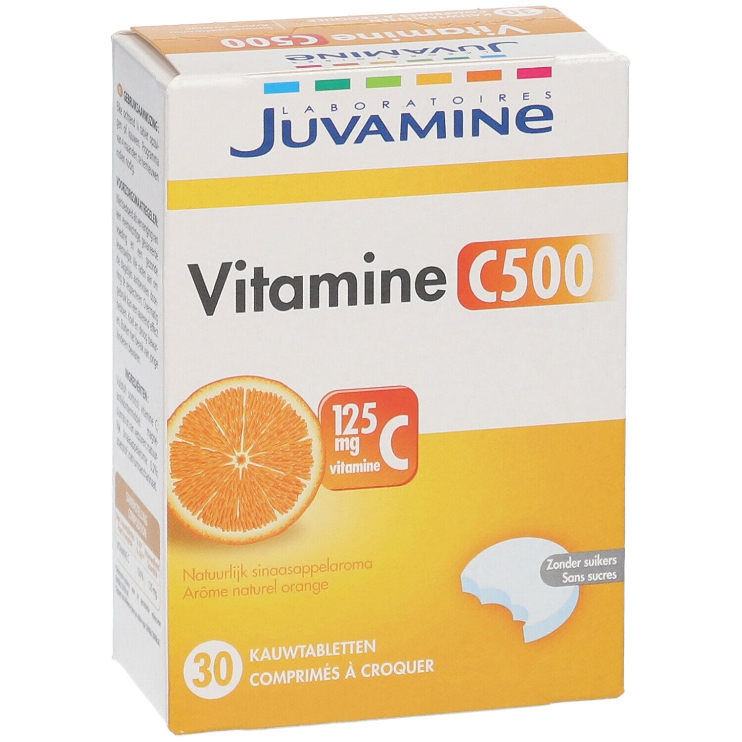 Schachtel JUVAMINE Vitamine C500. Orange abgebildet. 30 Kautabletten. 125mg Vitamin C. Ohne Zucker.