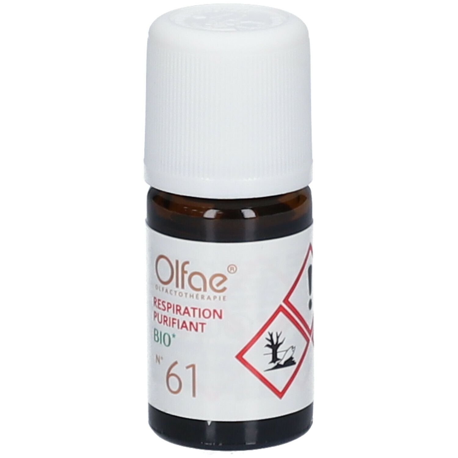 Braune Glasflasche mit weißem Deckel. Etikett mit Olfae, Respiration Purifiant BIO, Nr. 61 und Gefahrensymbol.
