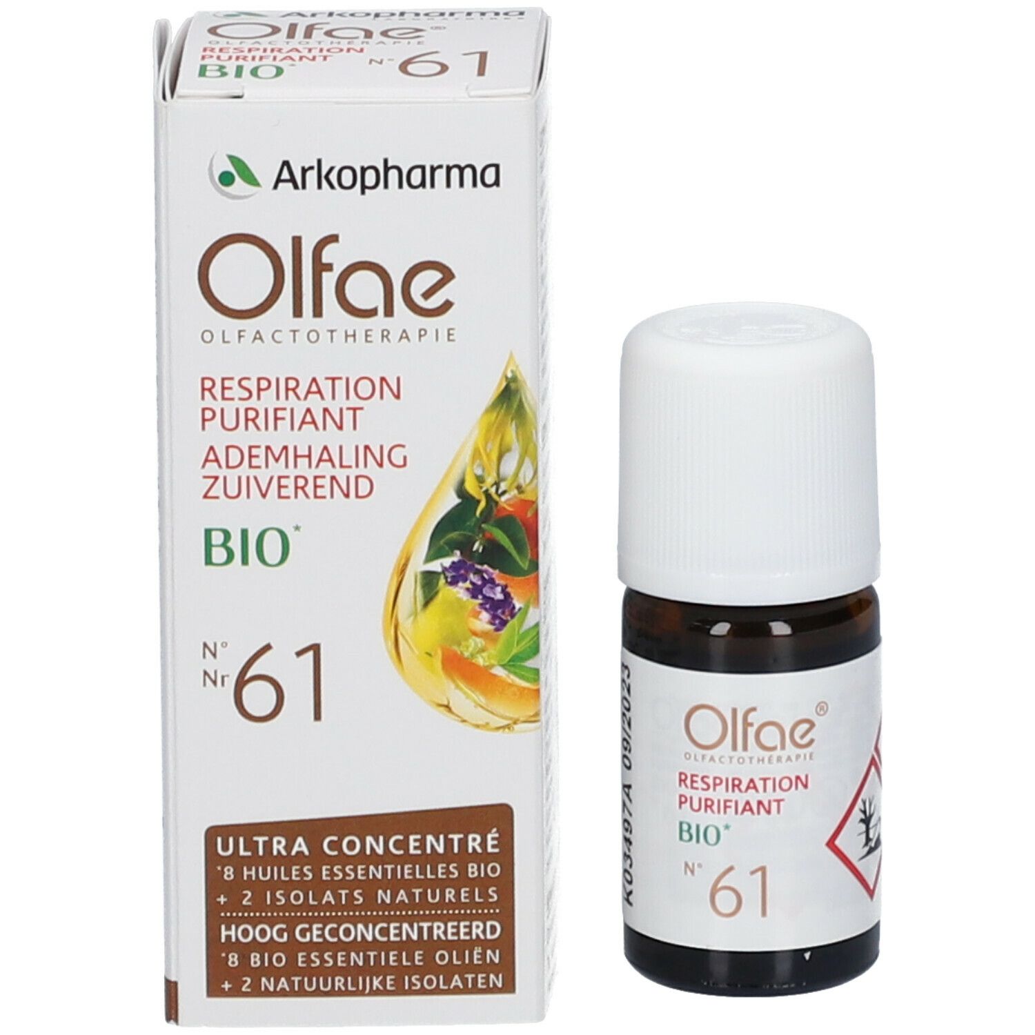 Produktverpackung und Flasche. Verpackung mit Olfae, Arkopharma, Respiration Purifiant BIO, Nr. 61. Flasche daneben.