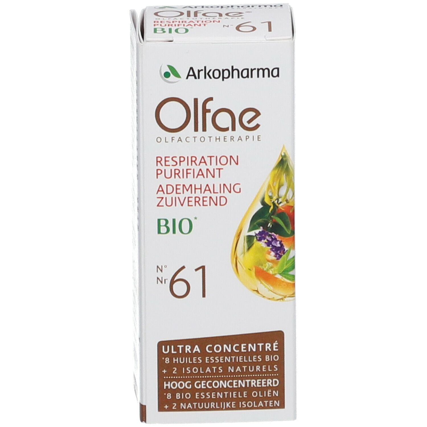 Produktverpackung. Verpackung mit Olfae, Arkopharma, Respiration Purifiant BIO, Nr. 61. Text und Abbildung.