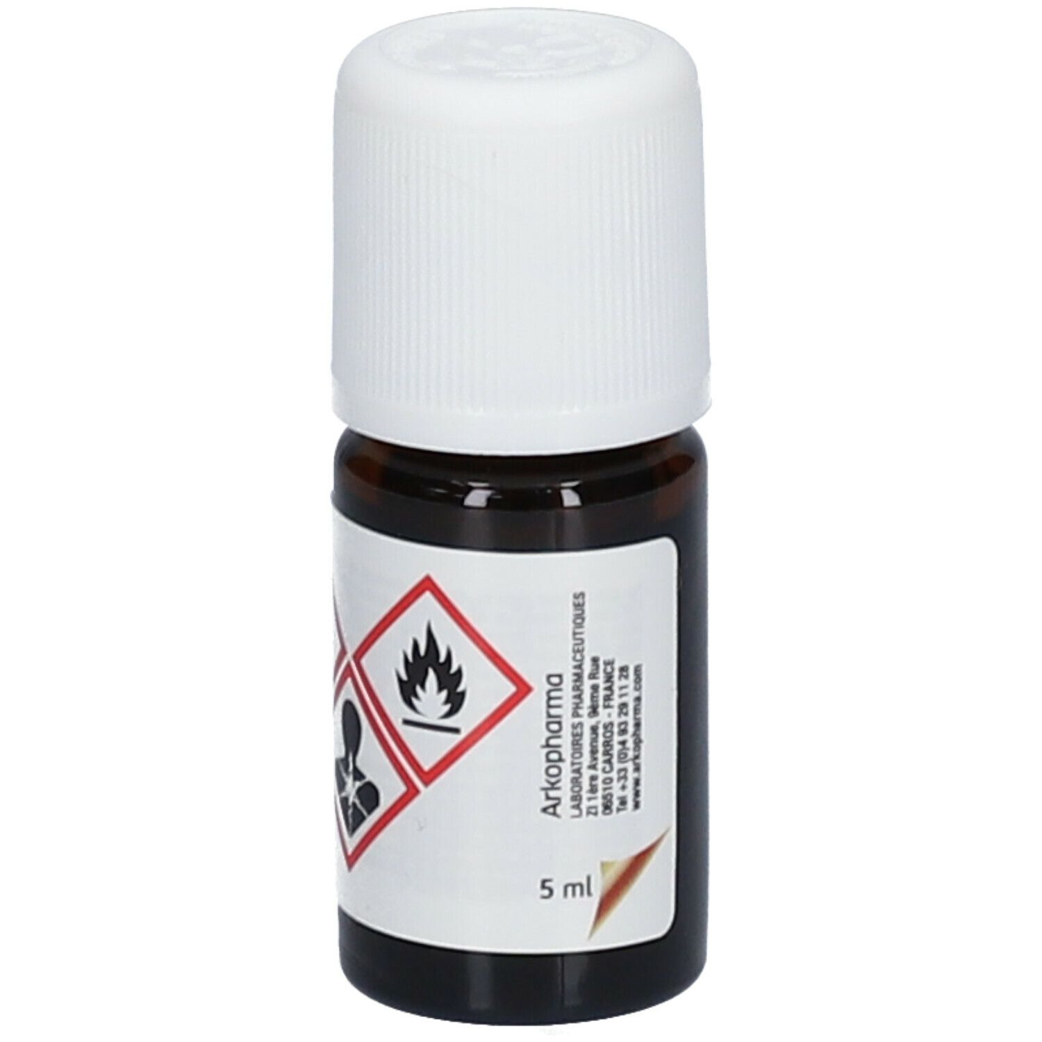 Flacon en verre brun avec bouchon blanc. Étiquette avec symboles de danger et texte. 5 ml.