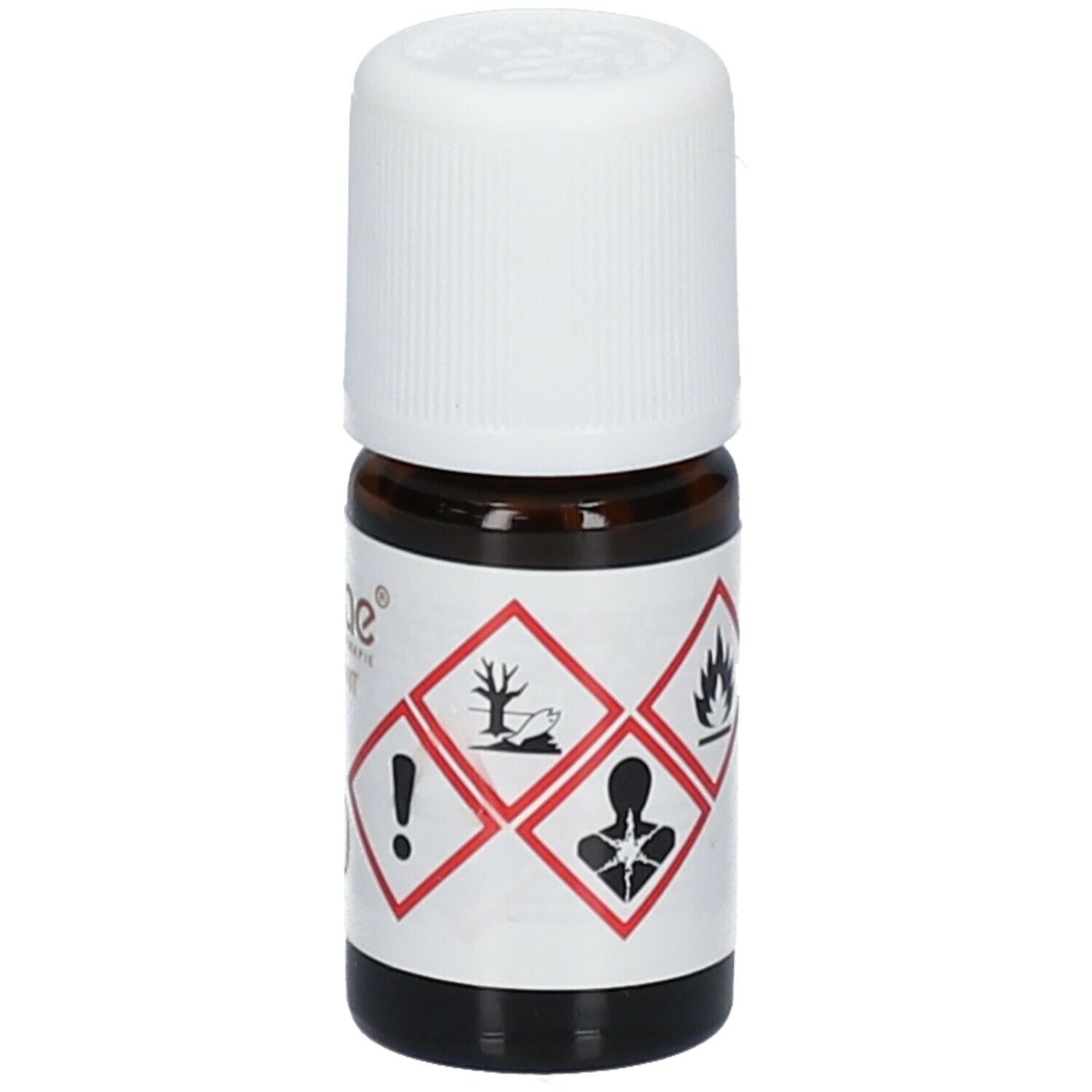 Flacon en verre brun avec bouchon blanc. Étiquette avec symboles de danger et texte. Nom du produit non visible.