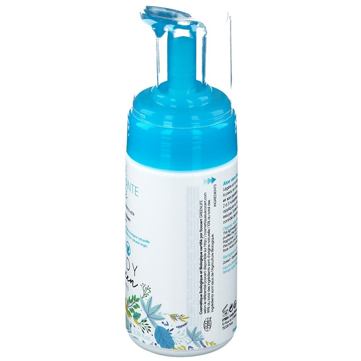 Reinigungs-Mousse-Flasche mit blauem Pumpkopf. Aufschrift: MOUSSE NETTOYANTE pureté, LADY green PARIS, 99% Inhaltsstoffe natürlichen Ursprungs.