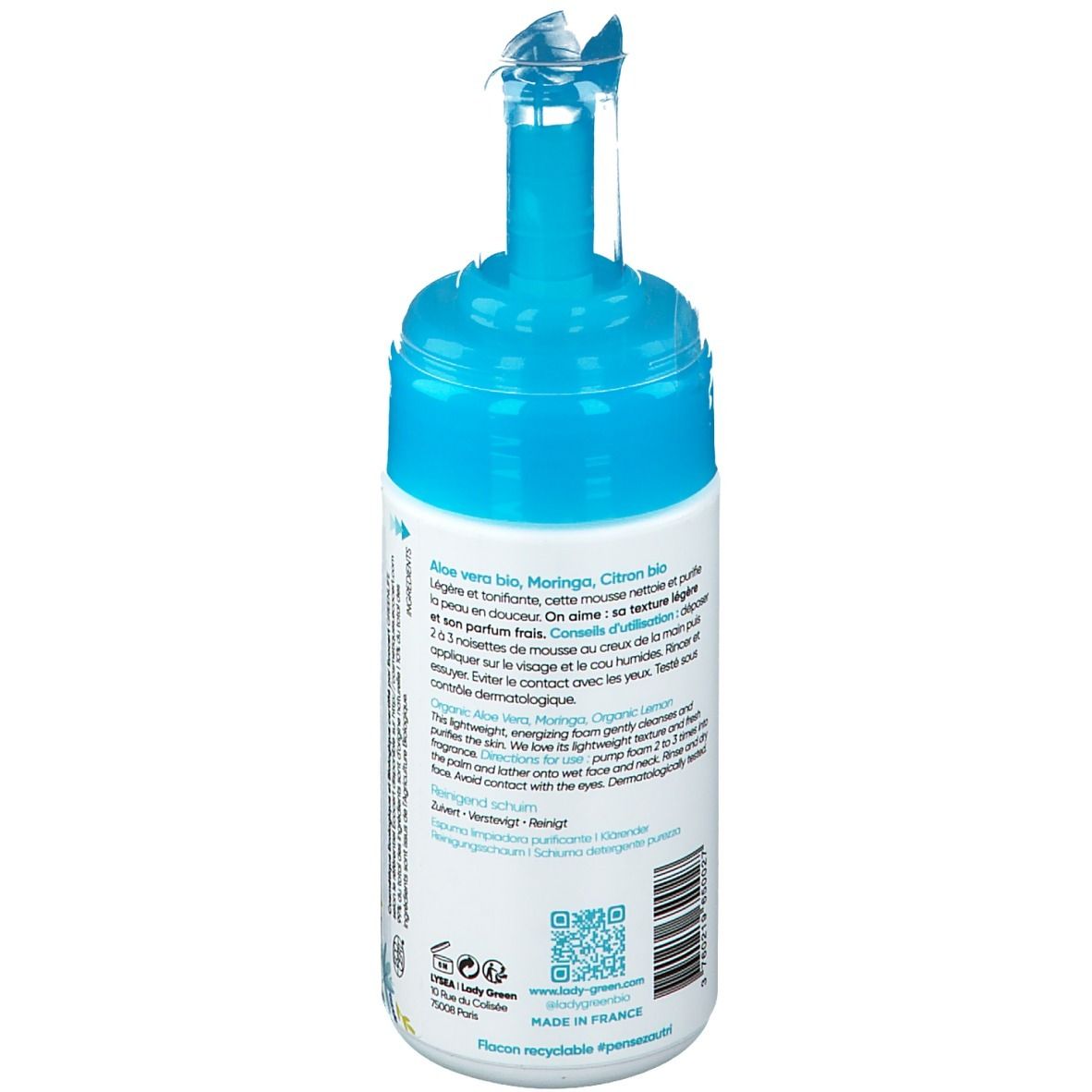 Reinigungs-Mousse-Flasche mit blauem Pumpkopf. Aufschrift: MOUSSE NETTOYANTE pureté, LADY green PARIS, 99% Inhaltsstoffe natürlichen Ursprungs.