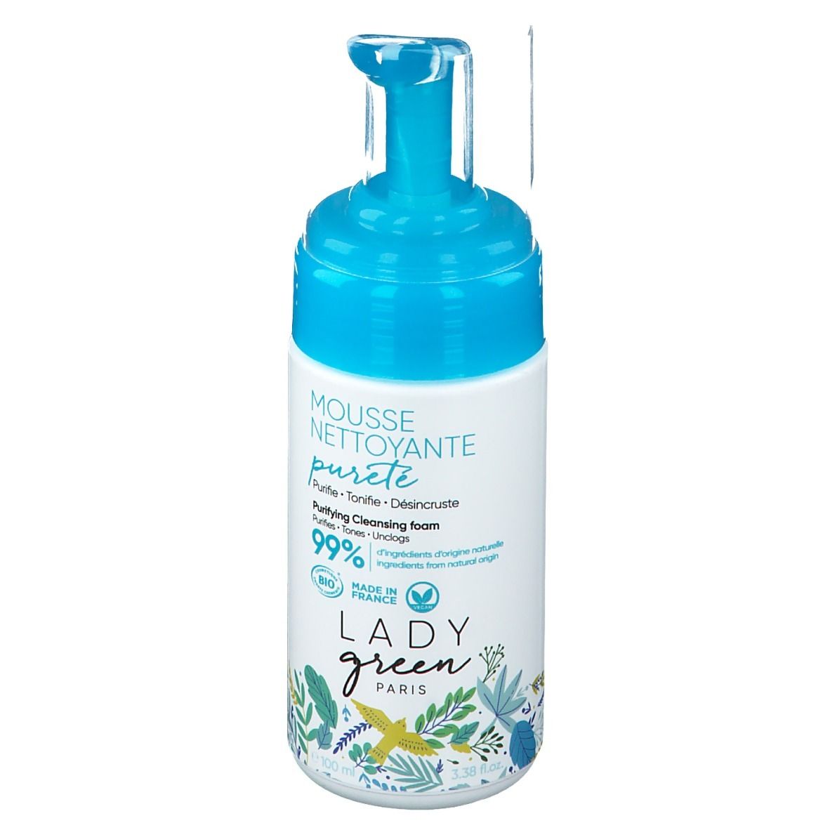 Reinigungs-Mousse-Flasche mit blauem Pumpkopf. Aufschrift: MOUSSE NETTOYANTE pureté, LADY green PARIS, 99% Inhaltsstoffe natürlichen Ursprungs.