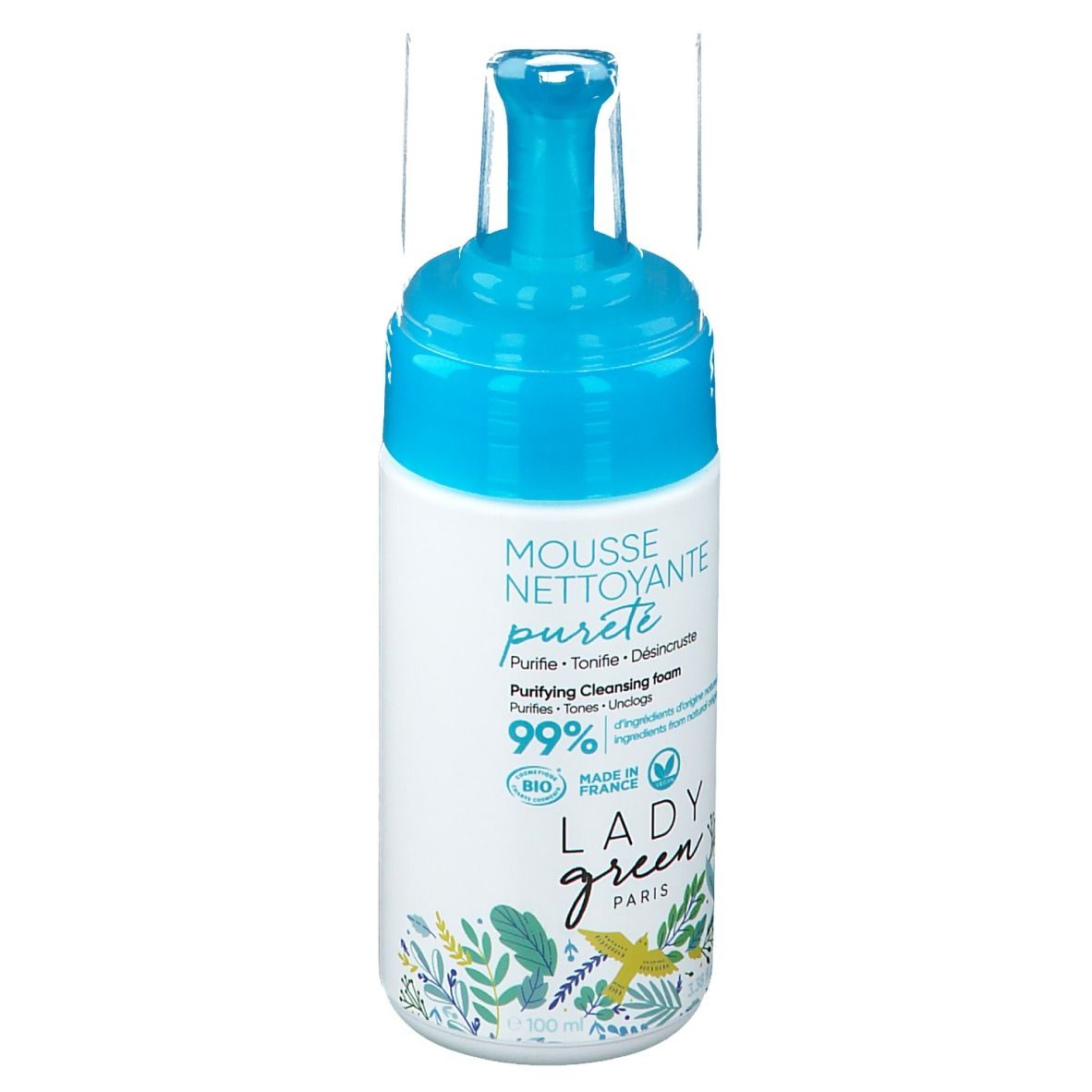 Reinigungs-Mousse-Flasche mit blauem Pumpkopf. Aufschrift: MOUSSE NETTOYANTE pureté, LADY green PARIS, 99% Inhaltsstoffe natürlichen Ursprungs.