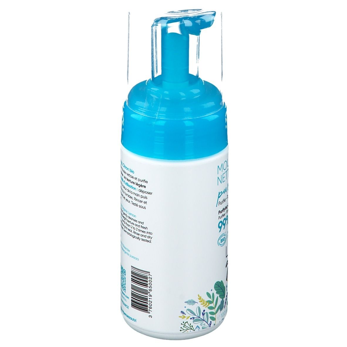 Reinigungs-Mousse-Flasche mit blauem Pumpkopf. Aufschrift: MOUSSE NETTOYANTE pureté, LADY green PARIS, 99% Inhaltsstoffe natürlichen Ursprungs.