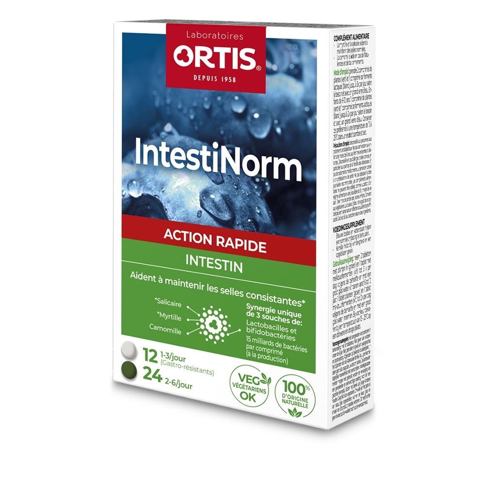 Emballage ORTIS IntestiNorm, inscription française, focus sur la fonction intestinale.