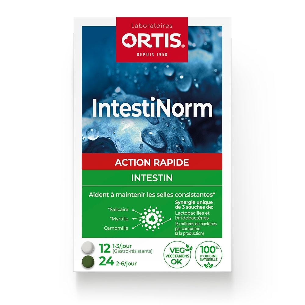 Emballage ORTIS IntestiNorm, face avant en français, focus sur l'action intestinale rapide.