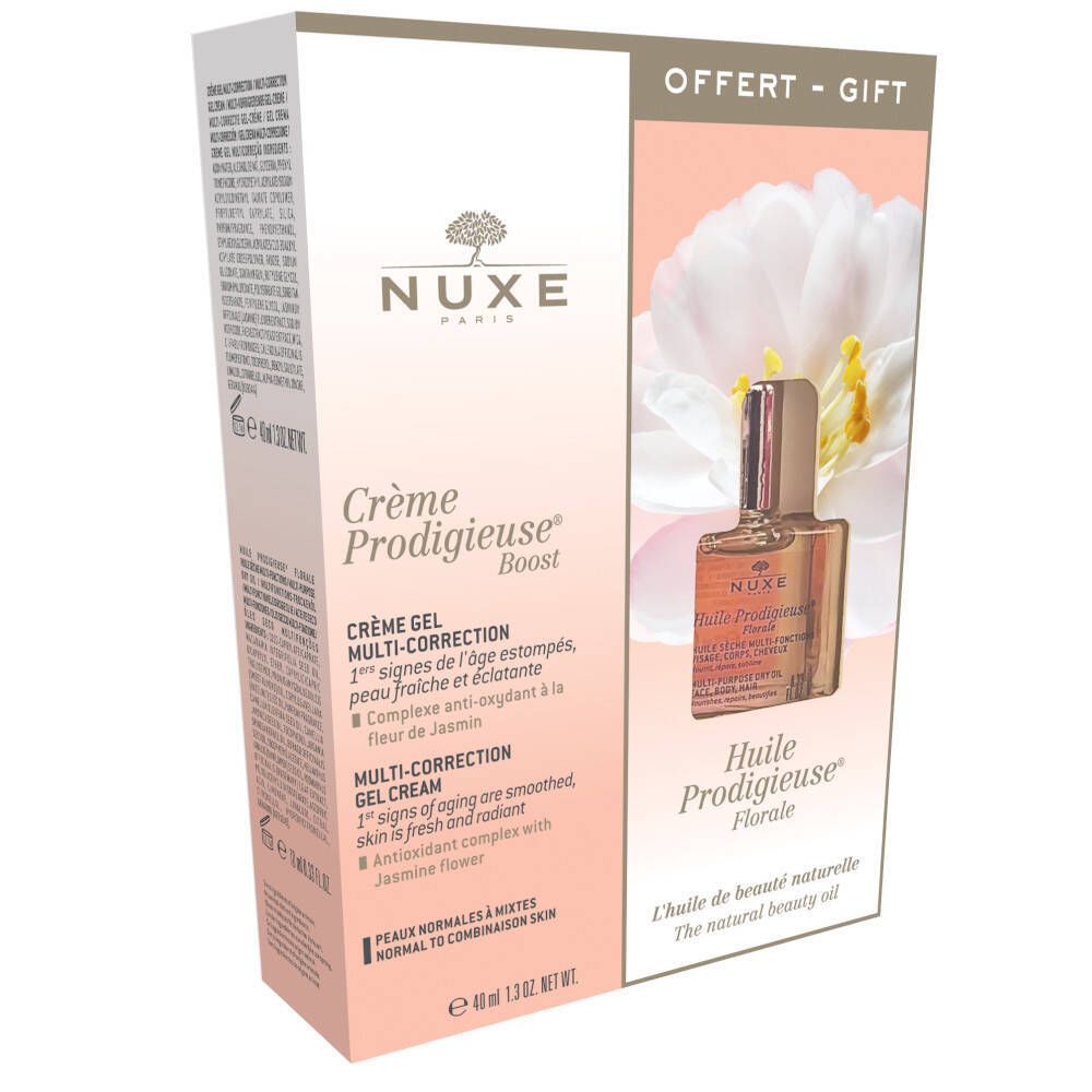 Geschenkset-Verpackung mit NUXE-Logo und Produktnamen. Enthält Creme Gel und Öl. Rosa und weißes Design.