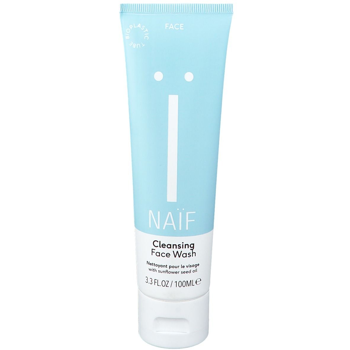 Tube bleu clair NAÏF Gesichtsreinigung. Bouchon blanc. Inscription: Cleansing Face Wash. Bioplastic Daily.