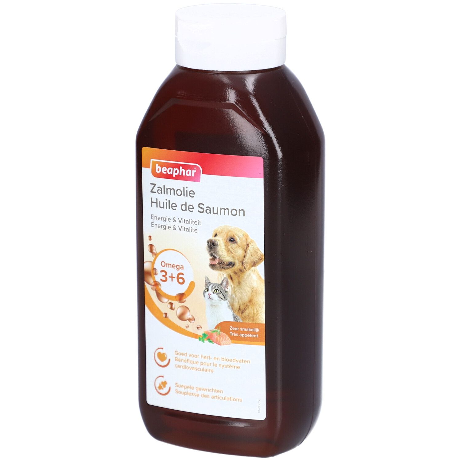 Beaphar Zalmollie Flasche. Braune Flüssigkeit, weißer Deckel. Etikett mit Produktname, Omega 3+6, Hund und Katze.