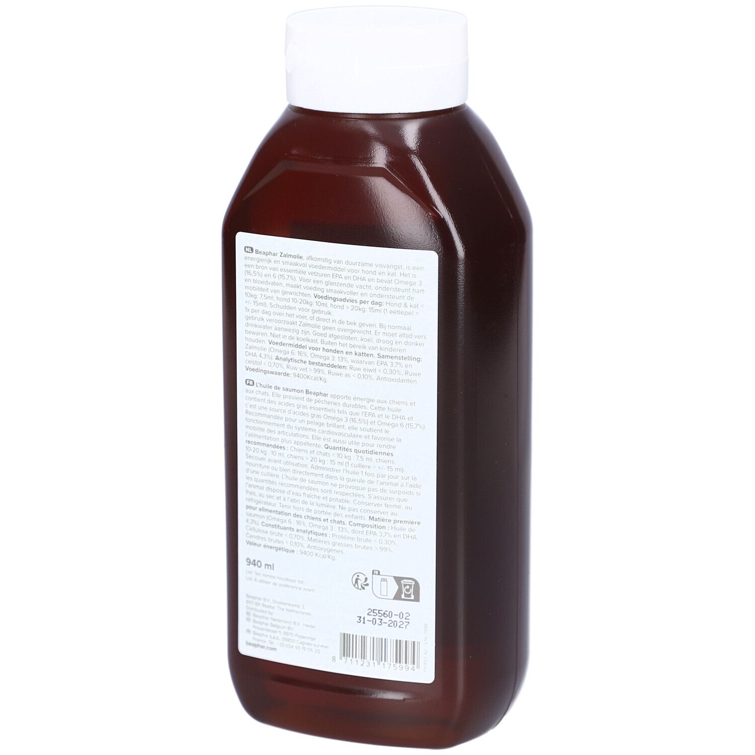 Beaphar Zalmollie Flasche. Rückseite mit Text und Informationen. Braune Flüssigkeit, weißer Deckel.