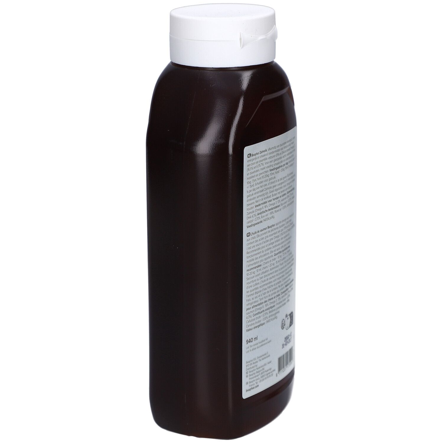 Beaphar Zalmollie Flasche. Rückseite mit Text und Informationen. Braune Flüssigkeit, weißer Deckel.