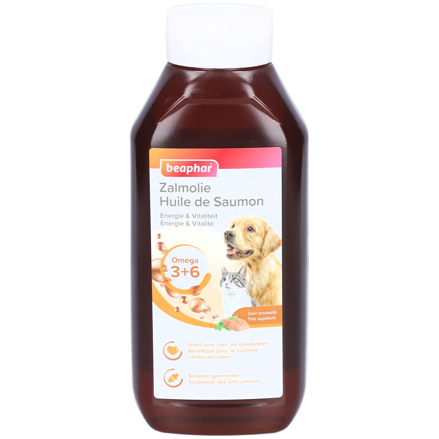 Beaphar Zalmollie Flasche. Braune Flüssigkeit, weißer Deckel. Etikett mit Produktname, Omega 3+6, Hund und Katze.