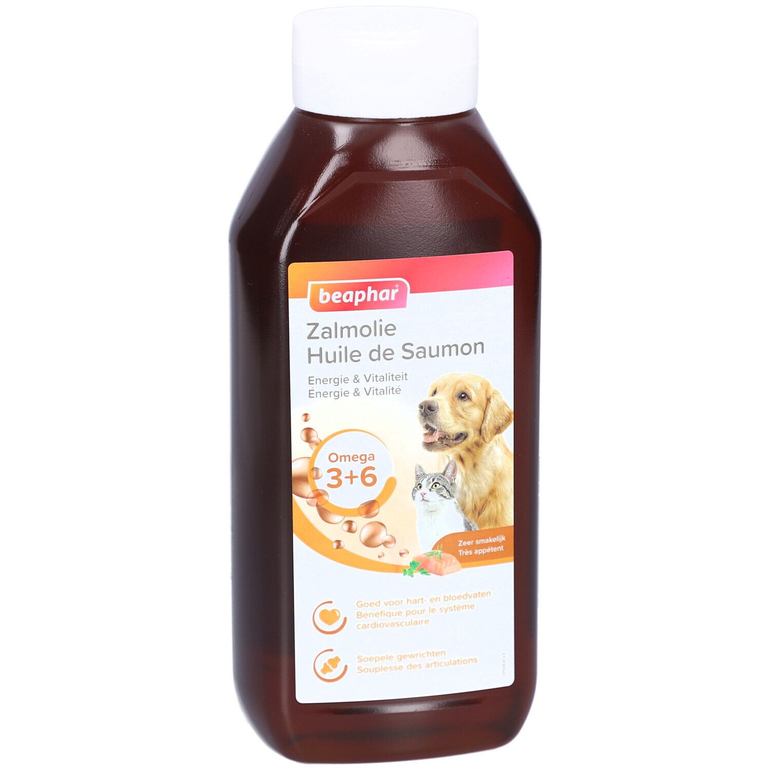 Beaphar Zalmollie Flasche. Braune Flüssigkeit, weißer Deckel. Etikett mit Produktname, Omega 3+6, Hund und Katze.