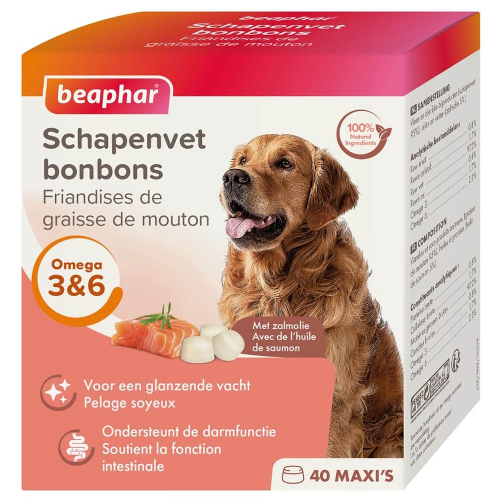 Boîte Beaphar Schapenvet bonbons. Chien, saumon et comprimés. Contient Oméga 3&6. 40 Maxi's.