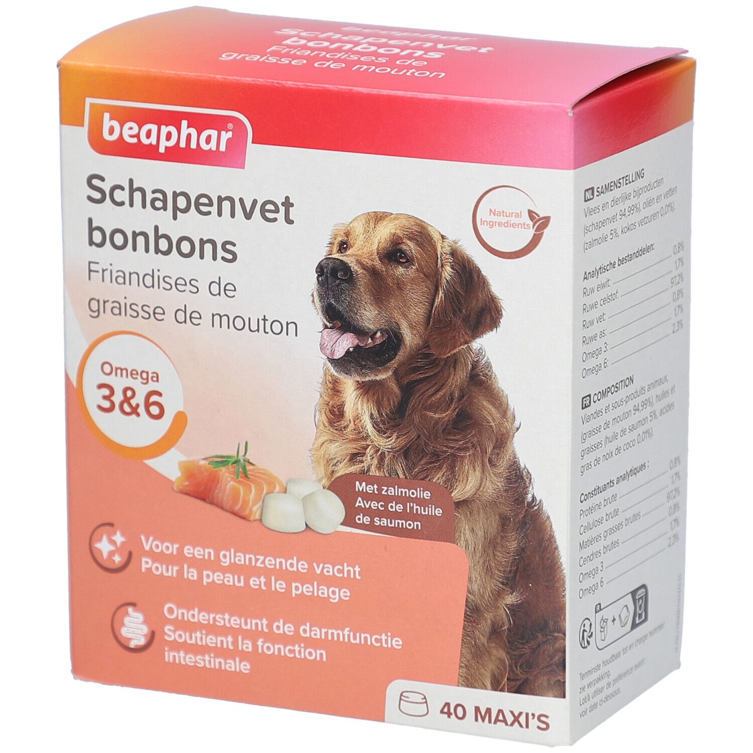 Beaphar Schapenvet bonbons. Verpackung mit Hund, Lachs und Tabletten. Enthält Omega 3&6. 40 Maxi's.