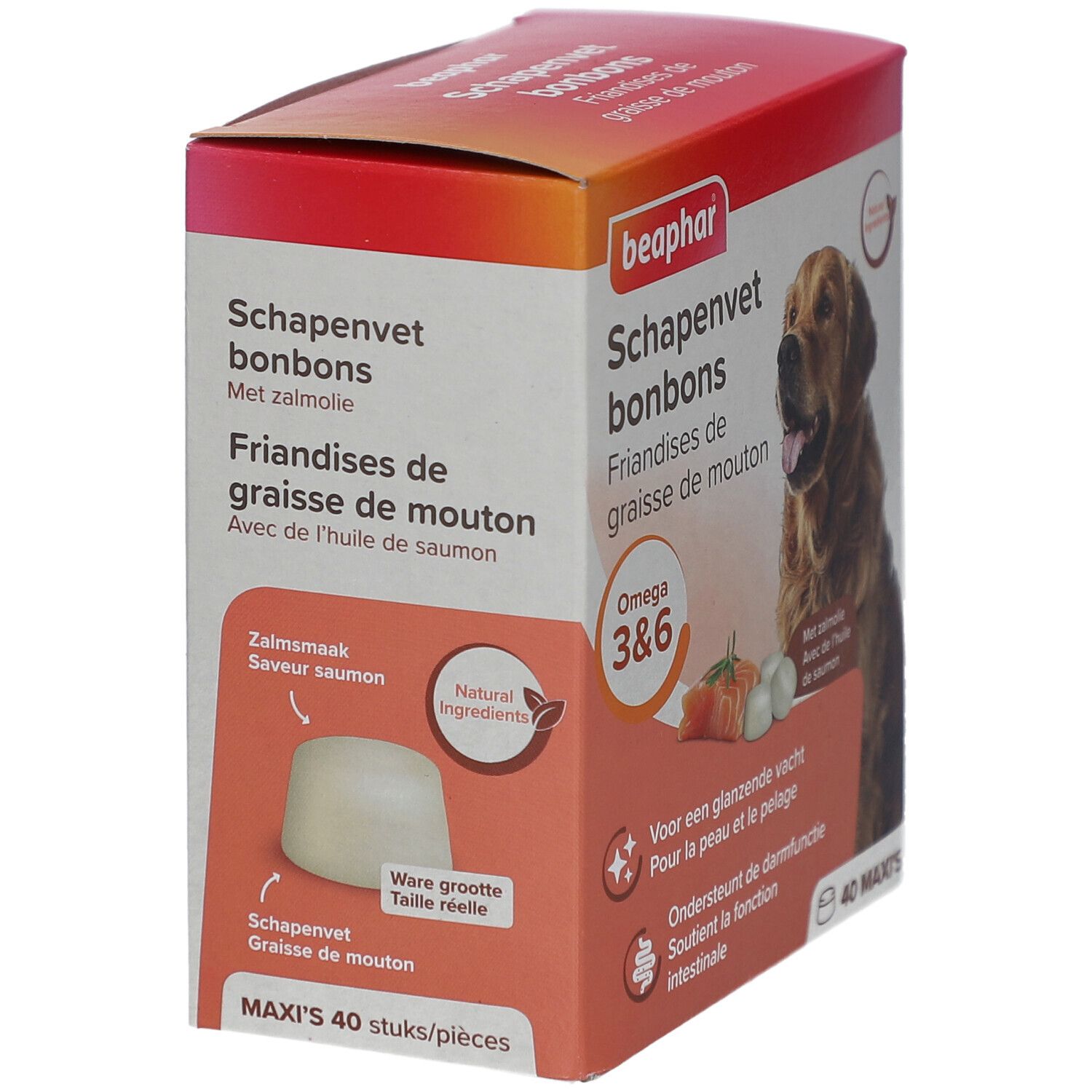 Beaphar Schapenvet bonbons Verpackung. Enthält 40 Tabletten. Mit Lachsöl. Zeigt Hund, Lachs und Tabletten.