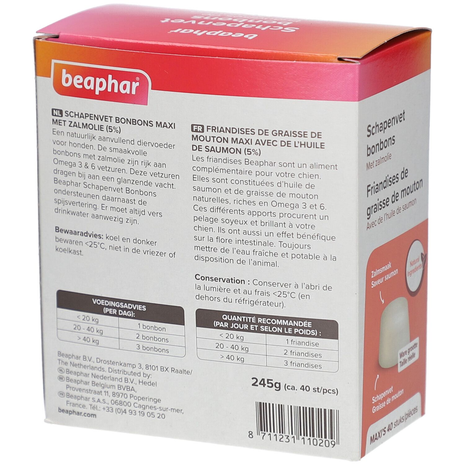 Rückseite der Beaphar Schapenvet bonbons Verpackung. Informationen zu Inhaltsstoffen und Dosierung.