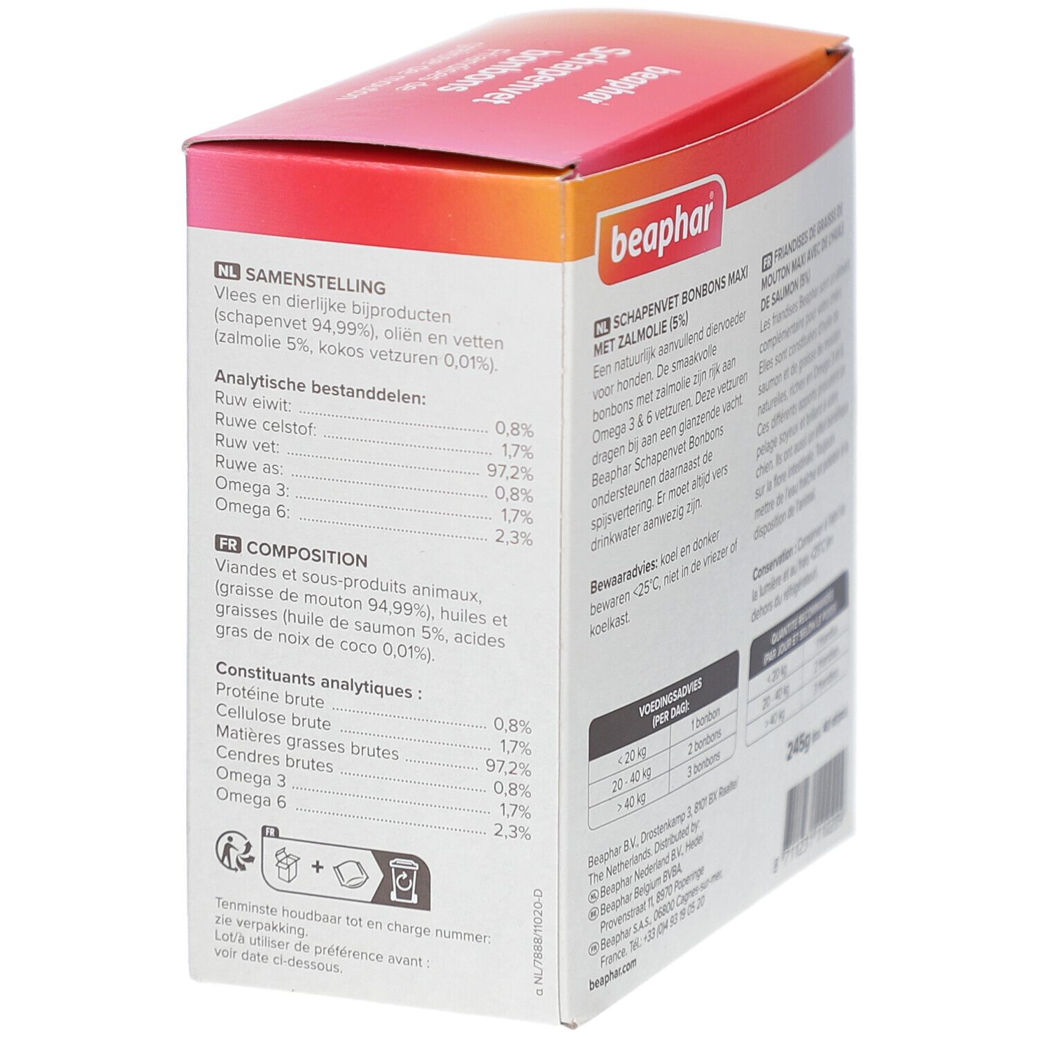 Rückseite der Beaphar Schapenvet bonbons Verpackung. Inhaltsstoffe und Analyse.