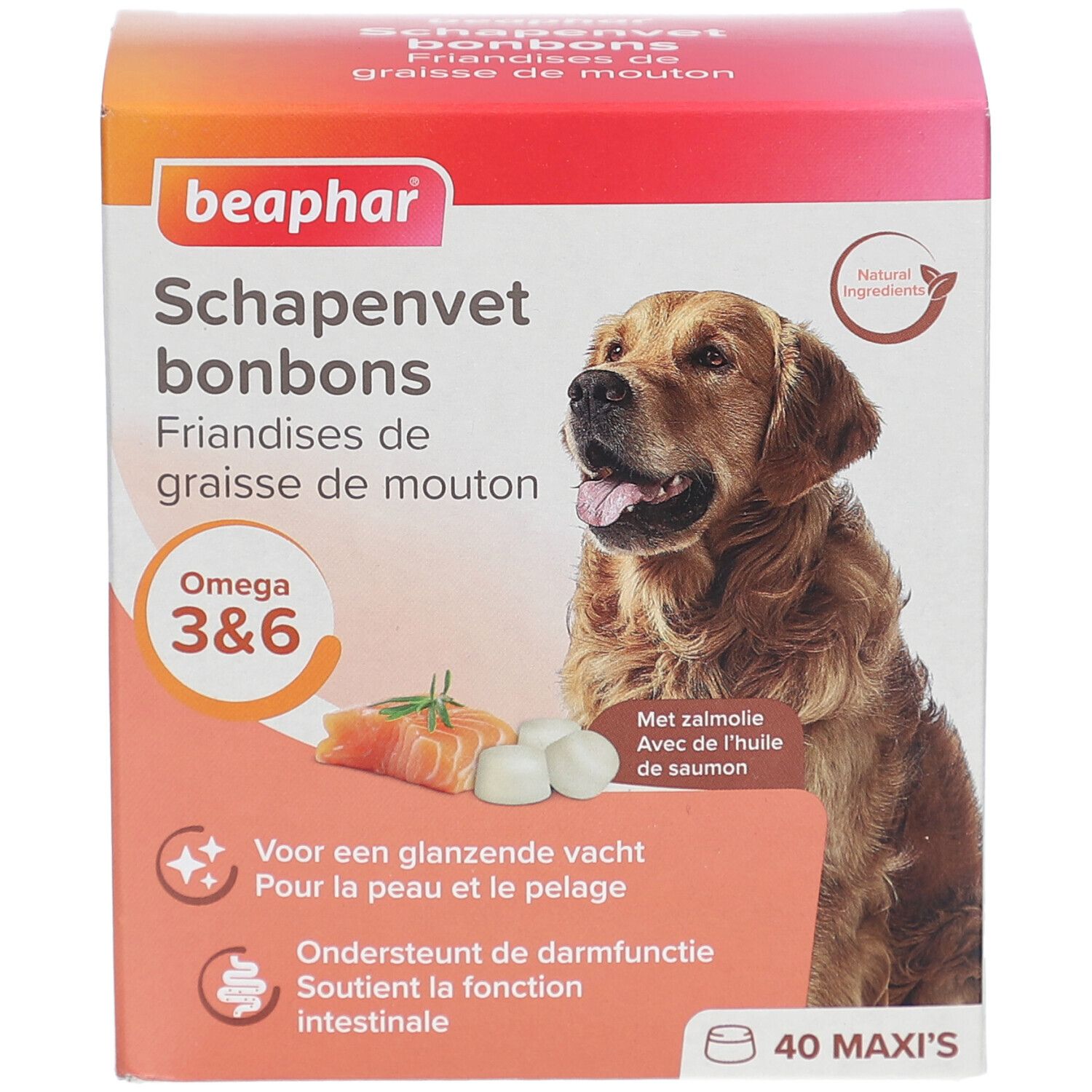 Beaphar Schapenvet bonbons. Verpackung mit Hund, Lachs und Tabletten. Enthält Omega 3&6. 40 Maxi's.