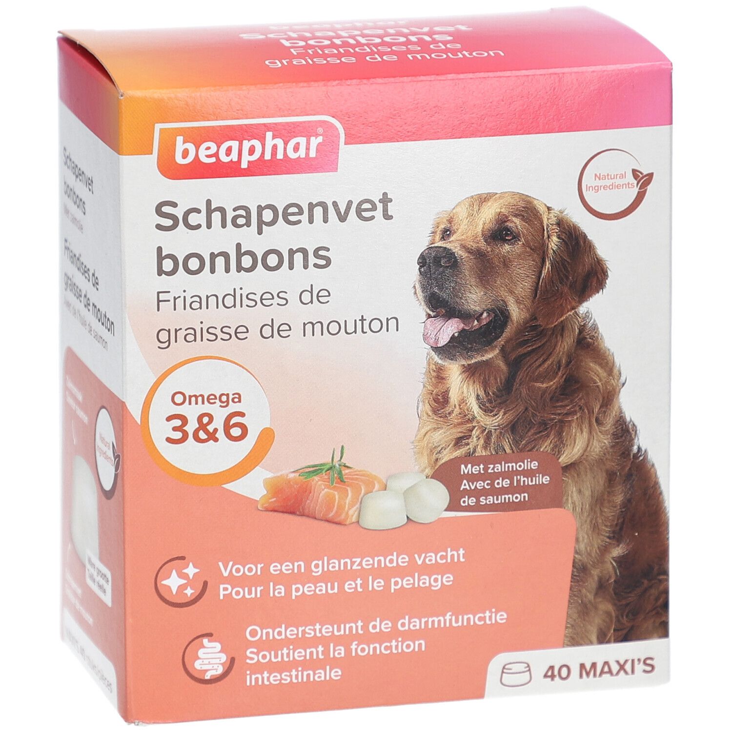 Beaphar Schapenvet bonbons. Verpackung mit Hund, Lachs und Tabletten. Enthält Omega 3&6. 40 Maxi's.
