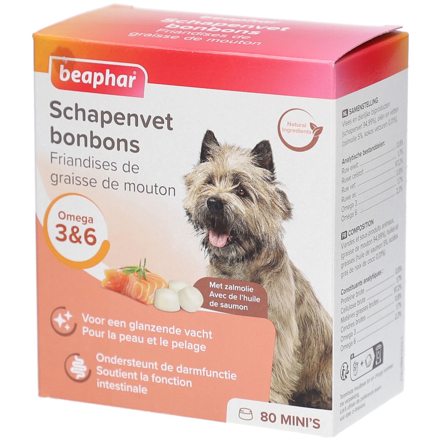 Beaphar Schapenvet bonbons. Verpackung mit Hund, Lachs und Tabletten. Enthält Omega 3&6. 80 Mini's.