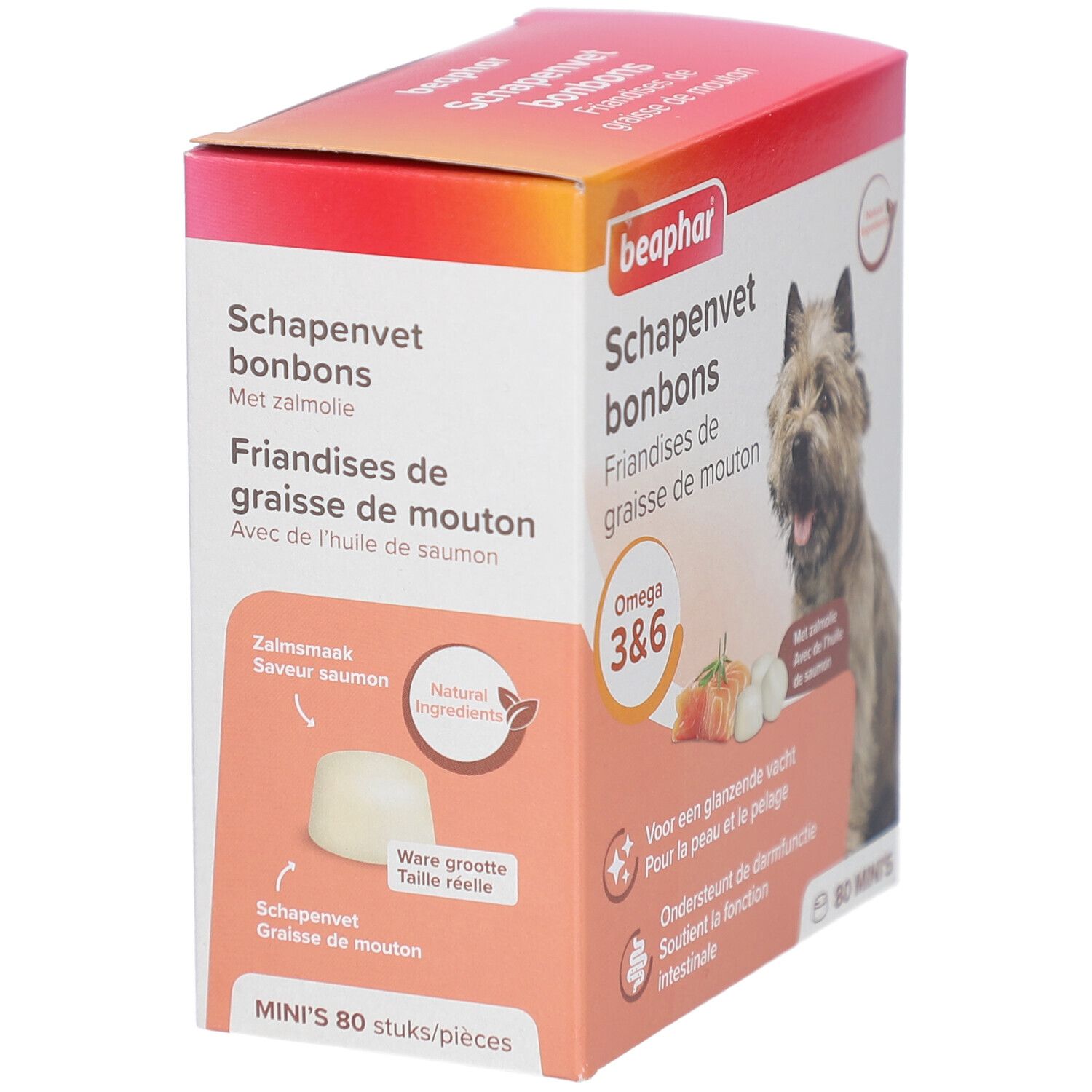 Beaphar Schapenvet bonbons Verpackung. Enthält 80 Mini's. Zeigt Produkt, Lachs und Tabletten. Mit Omega 3&6.