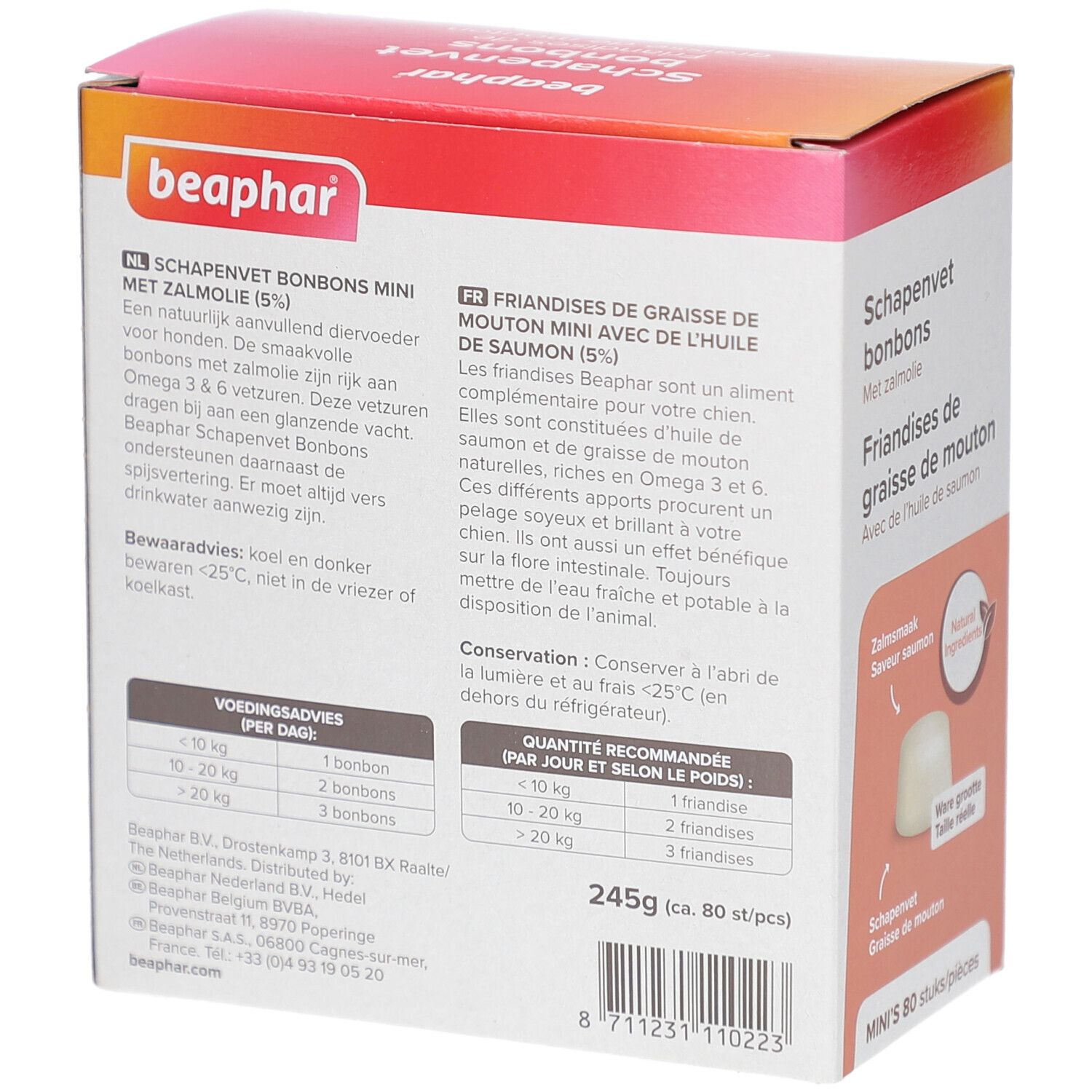 Rückseite der Beaphar Schapenvet bonbons Verpackung. Enthält Informationen zu Inhaltsstoffen und Fütterungsempfehlung.