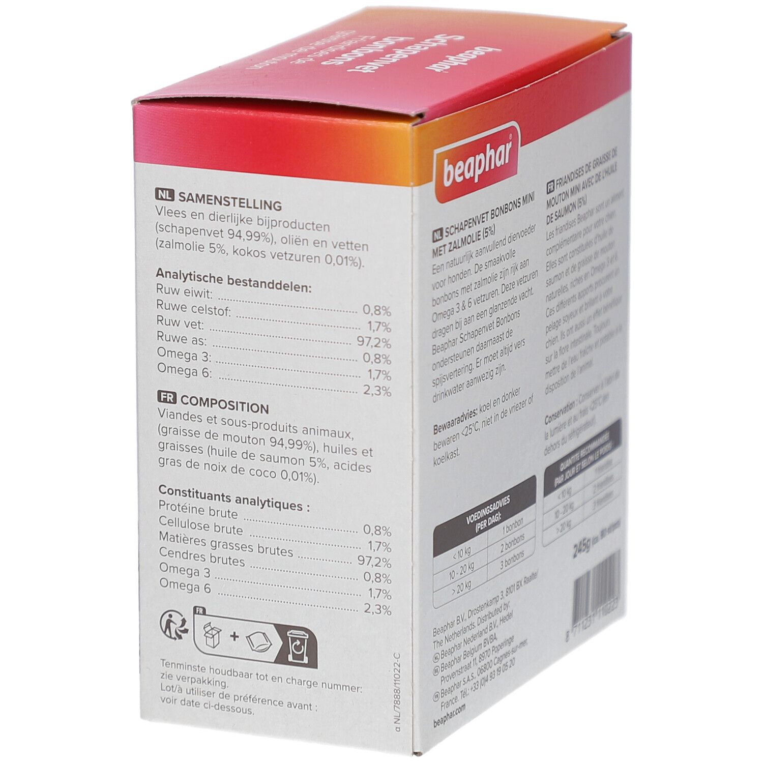 Rückseite der Beaphar Schapenvet bonbons Verpackung. Zeigt Inhaltsstoffe und Analysewerte. Mit Text in NL und FR.