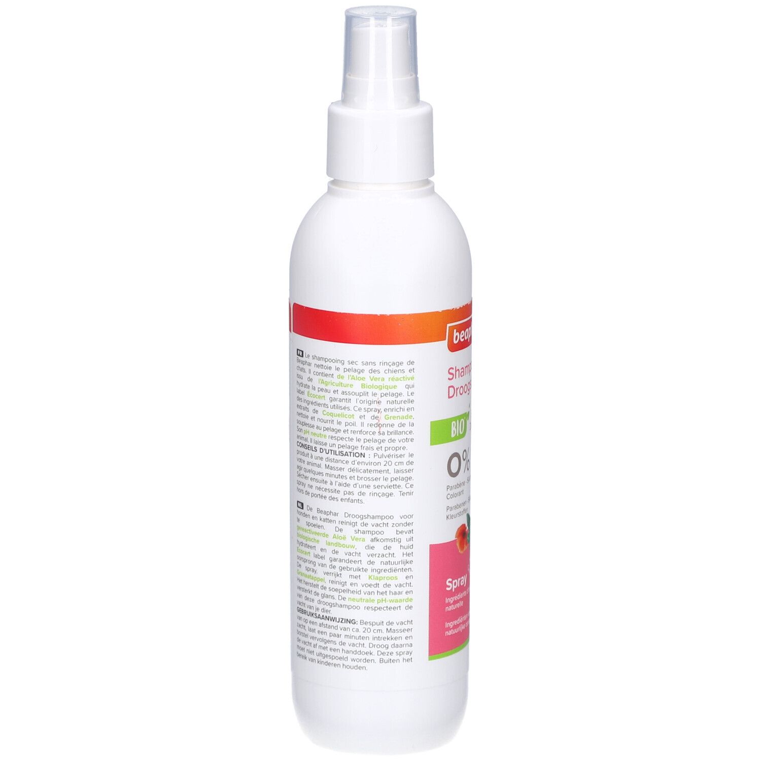 Weiße Sprühflasche mit Text. Text in Deutsch, Französisch, Niederländisch und Italienisch. Enthält Informationen zum Produkt.