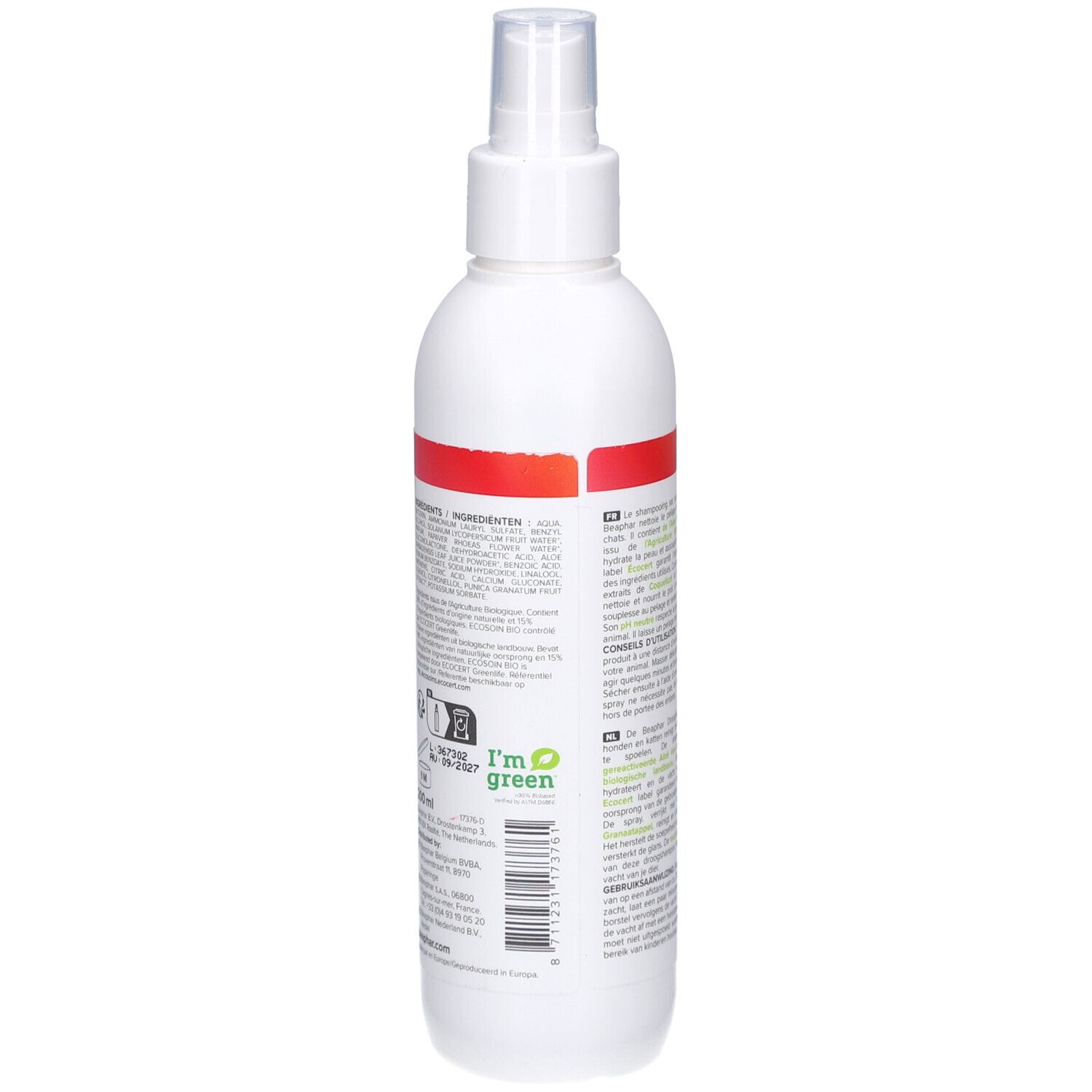 Weiße Sprühflasche, Rückseite. Text in mehreren Sprachen. Enthält Informationen zu Inhaltsstoffen und Zertifizierungen.