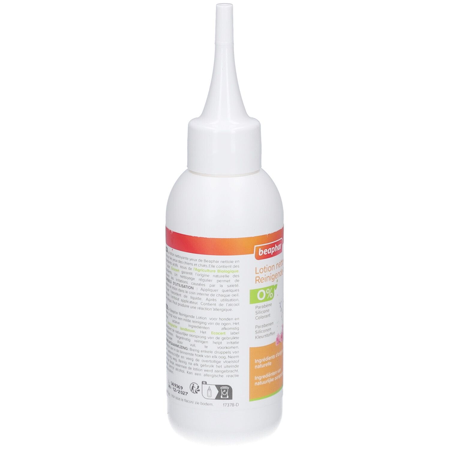 Weiße Flasche mit spitzem Applikator. Etikett mit Produktinformationen und Inhaltsstoffen. Marke Beaphar.