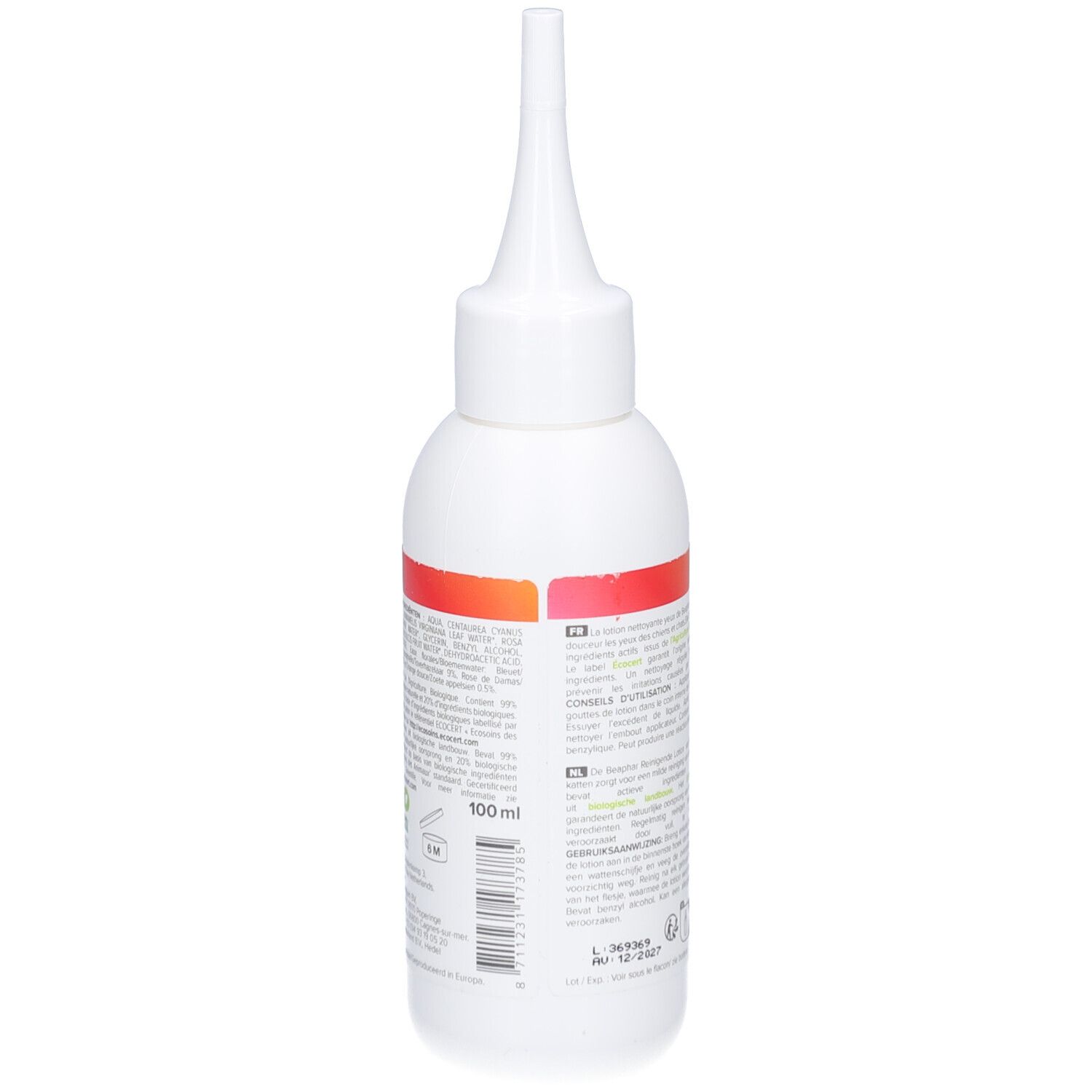 Weiße Flasche mit spitzem Applikator. Rückseite mit Text und Inhaltsangaben. 100 ml.