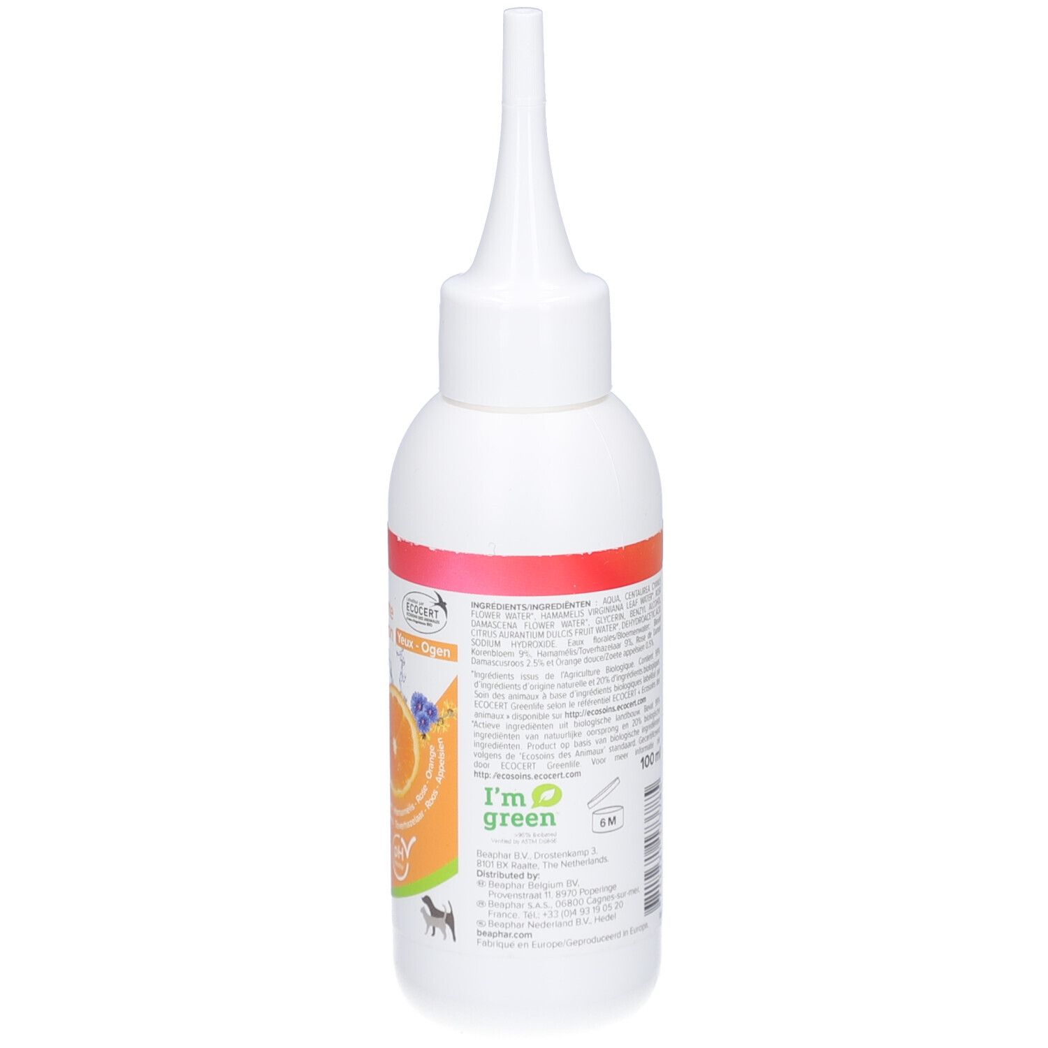 Weiße Flasche mit spitzem Applikator. Rückseite mit Text, 100 ml. Mit pH-Wert-Symbol.