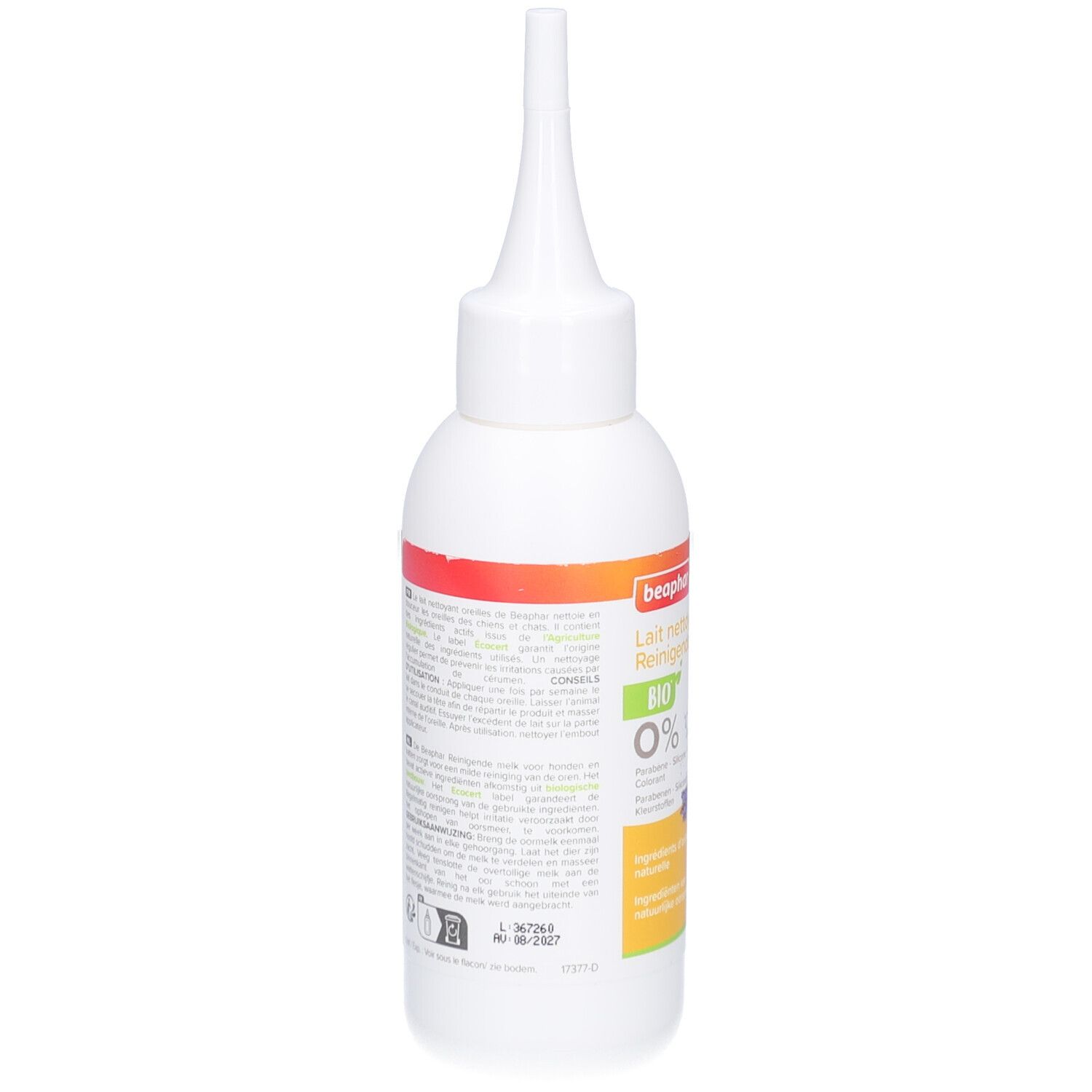 Weiße Flasche mit spitzem Applikator. Rückseite mit Text und Logos. Marke: Beaphar.
